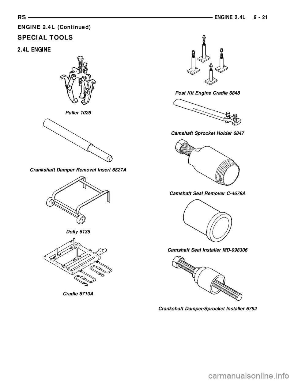 DODGE TOWN AND COUNTRY 2004  Service Manual SPECIAL TOOLS
2.4L ENGINE
Puller 1026
Crankshaft Damper Removal Insert 6827A
Dolly 6135
Cradle 6710A
Post Kit Engine Cradle 6848
Camshaft Sprocket Holder 6847
Camshaft Seal Remover C-4679A
Camshaft Se