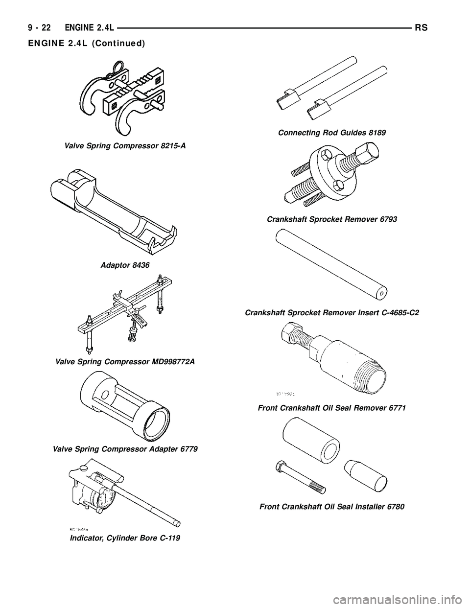 DODGE TOWN AND COUNTRY 2004  Service Manual Valve Spring Compressor 8215-A
Adaptor 8436
Valve Spring Compressor MD998772A
Valve Spring Compressor Adapter 6779
Indicator, Cylinder Bore C-119
Connecting Rod Guides 8189
Crankshaft Sprocket Remover