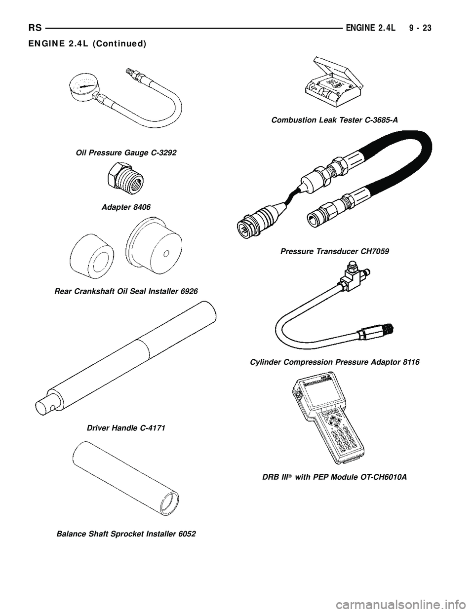 DODGE TOWN AND COUNTRY 2004  Service Manual Oil Pressure Gauge C-3292
Adapter 8406
Rear Crankshaft Oil Seal Installer 6926
Driver Handle C-4171
Balance Shaft Sprocket Installer 6052
Combustion Leak Tester C-3685-A
Pressure Transducer CH7059
Cyl