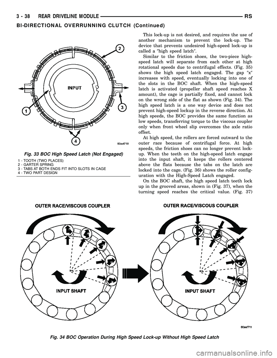 DODGE TOWN AND COUNTRY 2004  Service Manual This lock-up is not desired, and requires the use of
another mechanism to prevent the lock-up. The
device that prevents undesired high-speed lock-up is
called a9high speed latch9.
Similar to the frict