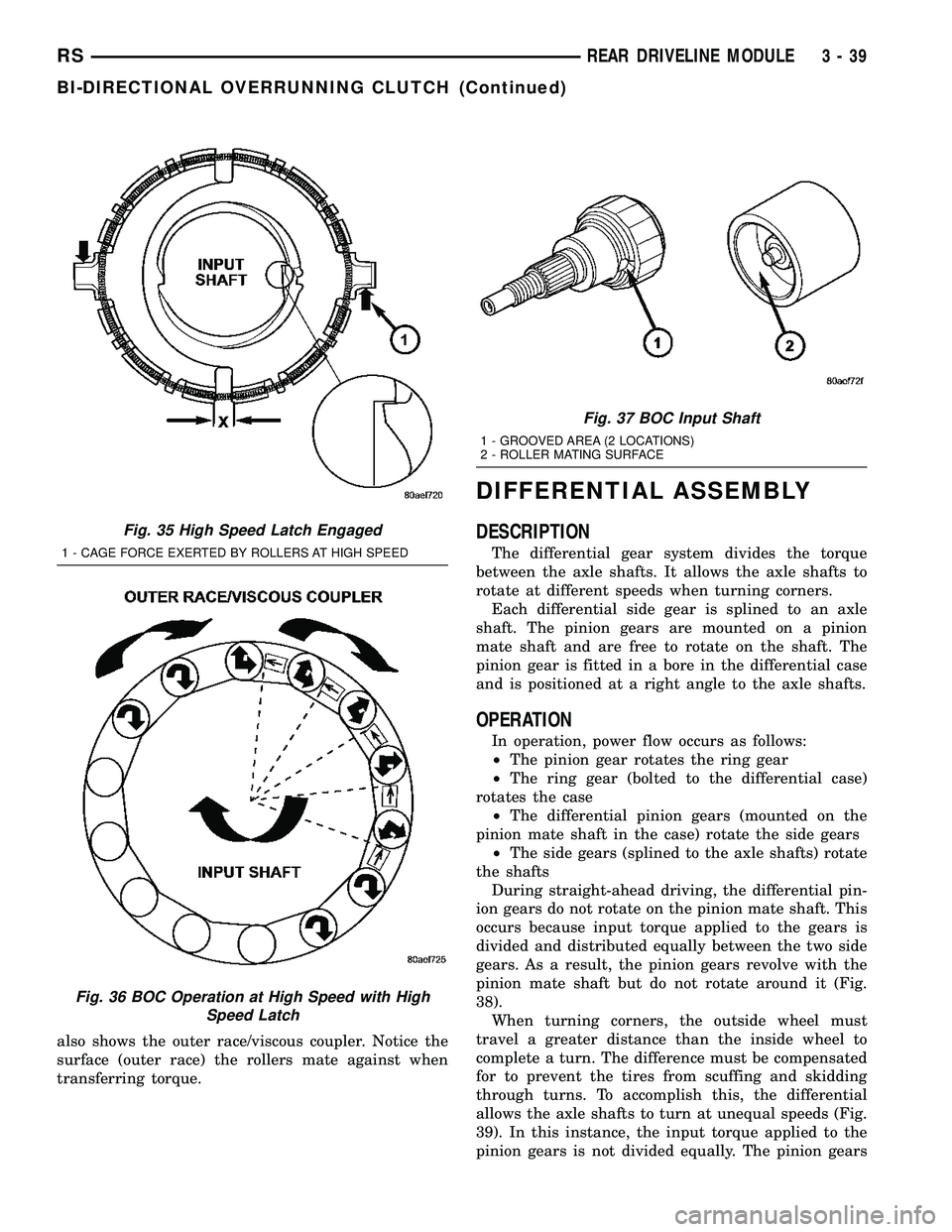 DODGE TOWN AND COUNTRY 2004  Service Manual also shows the outer race/viscous coupler. Notice the
surface (outer race) the rollers mate against when
transferring torque.
DIFFERENTIAL ASSEMBLY
DESCRIPTION
The differential gear system divides the