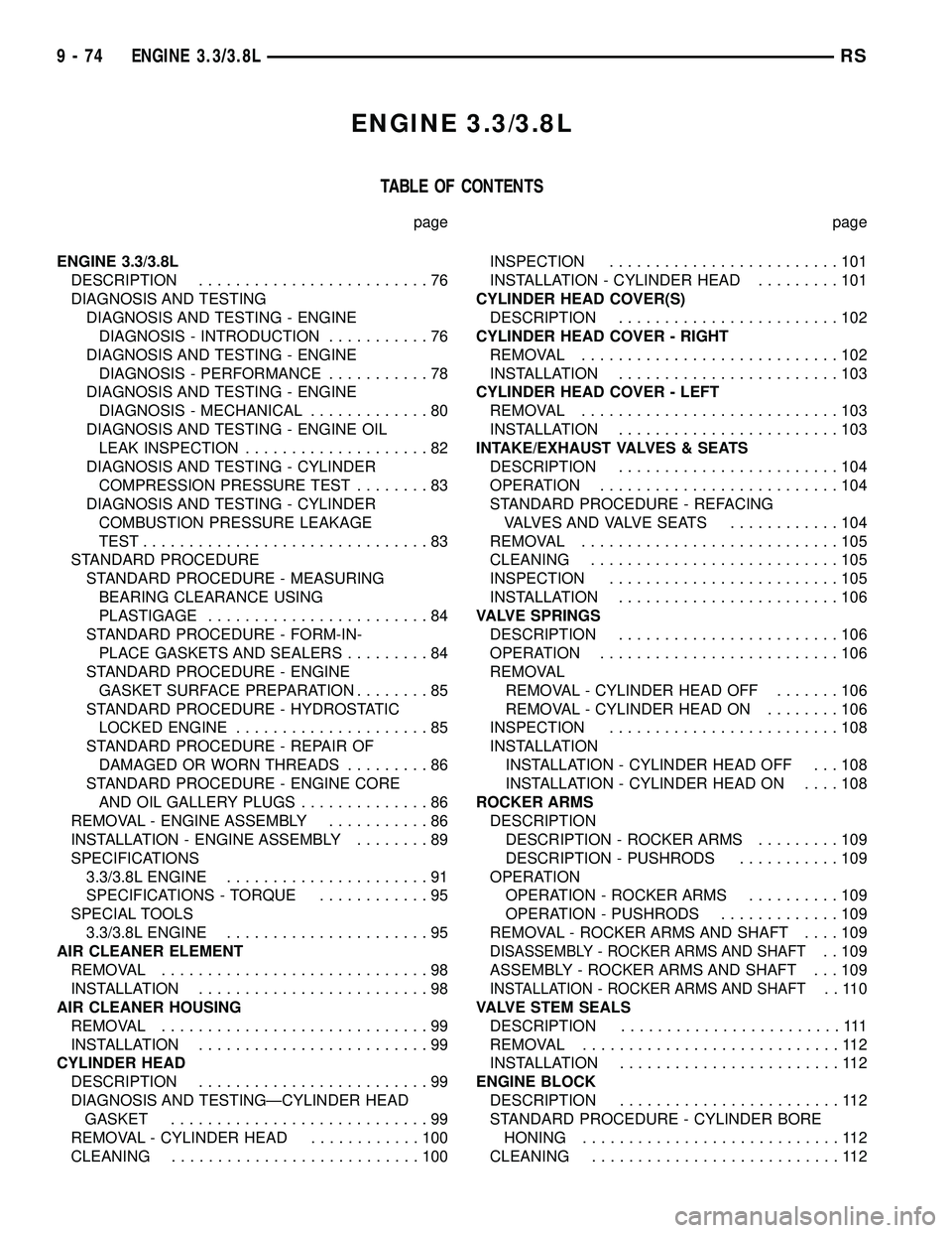 DODGE TOWN AND COUNTRY 2004 Service Manual ENGINE 3.3/3.8L
TABLE OF CONTENTS
page page
ENGINE 3.3/3.8L
DESCRIPTION.........................76
DIAGNOSIS AND TESTING
DIAGNOSIS AND TESTING - ENGINE
DIAGNOSIS - INTRODUCTION...........76
DIAGNOSIS DODGE TOWN AND COUNTRY 2004 Service Manual ENGINE 3.3/3.8L
TABLE OF CONTENTS
page page
ENGINE 3.3/3.8L
DESCRIPTION.........................76
DIAGNOSIS AND TESTING
DIAGNOSIS AND TESTING - ENGINE
DIAGNOSIS - INTRODUCTION...........76
DIAGNOSIS
