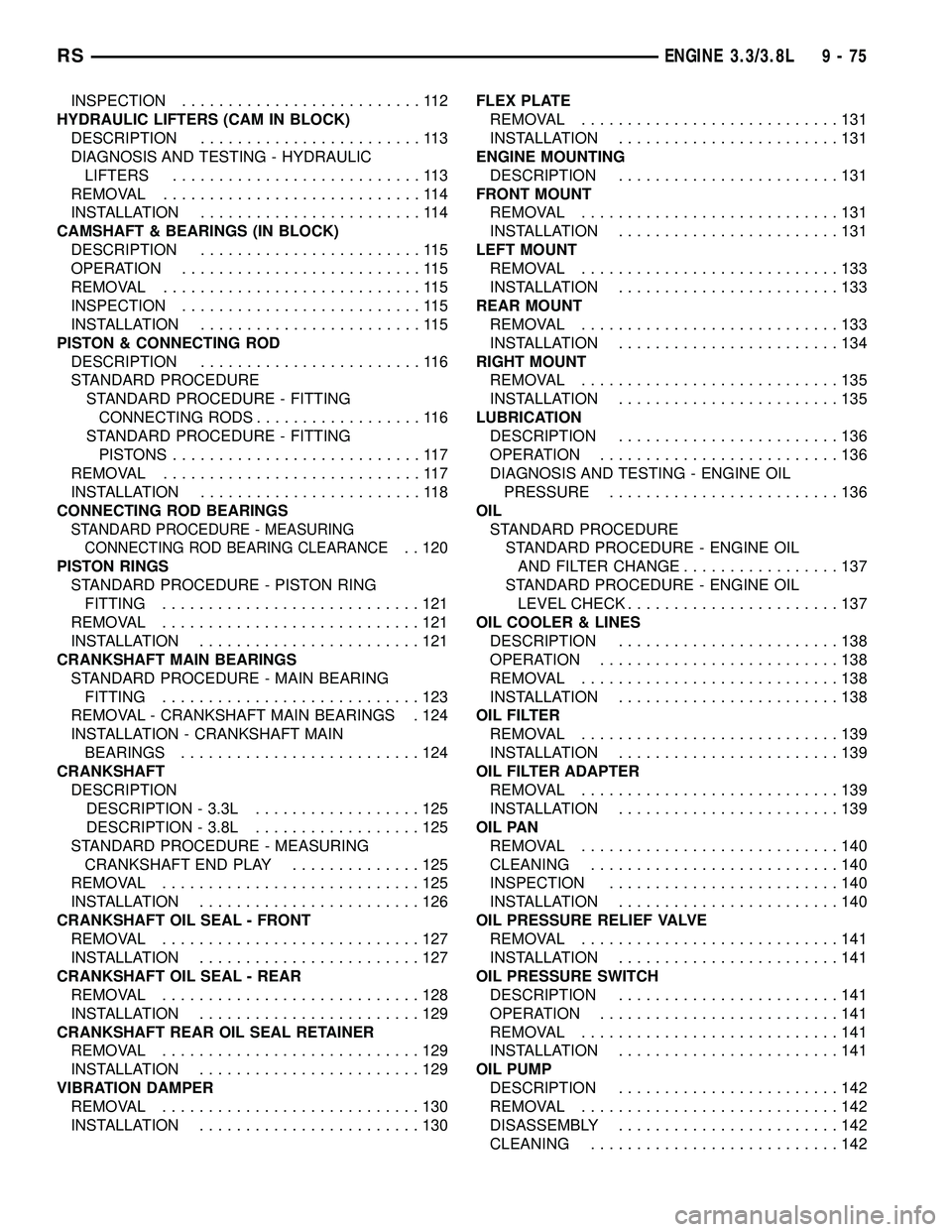 DODGE TOWN AND COUNTRY 2004 Service Manual INSPECTION..........................112
HYDRAULIC LIFTERS (CAM IN BLOCK)
DESCRIPTION........................113
DIAGNOSIS AND TESTING - HYDRAULIC
LIFTERS...........................113
REMOVAL......... DODGE TOWN AND COUNTRY 2004 Service Manual INSPECTION..........................112
HYDRAULIC LIFTERS (CAM IN BLOCK)
DESCRIPTION........................113
DIAGNOSIS AND TESTING - HYDRAULIC
LIFTERS...........................113
REMOVAL.........