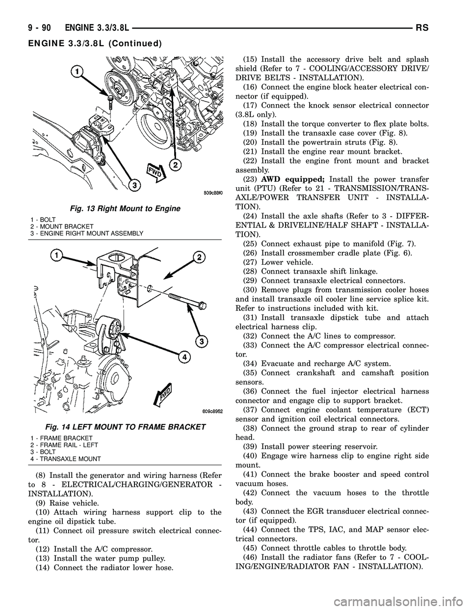 DODGE TOWN AND COUNTRY 2004 Service Manual (8) Install the generator and wiring harness (Refer
to 8 - ELECTRICAL/CHARGING/GENERATOR -
INSTALLATION).
(9) Raise vehicle.
(10) Attach wiring harness support clip to the
engine oil dipstick tube.
(1 DODGE TOWN AND COUNTRY 2004 Service Manual (8) Install the generator and wiring harness (Refer
to 8 - ELECTRICAL/CHARGING/GENERATOR -
INSTALLATION).
(9) Raise vehicle.
(10) Attach wiring harness support clip to the
engine oil dipstick tube.
(1