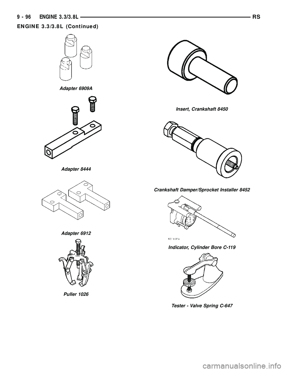 DODGE TOWN AND COUNTRY 2004 Service Manual Adapter 6909A
Adapter 8444
Adapter 6912
Puller 1026
Insert, Crankshaft 8450
Crankshaft Damper/Sprocket Installer 8452
Indicator, Cylinder Bore C-119
Tester - Valve Spring C-647
9 - 96 ENGINE 3.3/3.8LR DODGE TOWN AND COUNTRY 2004 Service Manual Adapter 6909A
Adapter 8444
Adapter 6912
Puller 1026
Insert, Crankshaft 8450
Crankshaft Damper/Sprocket Installer 8452
Indicator, Cylinder Bore C-119
Tester - Valve Spring C-647
9 - 96 ENGINE 3.3/3.8LR