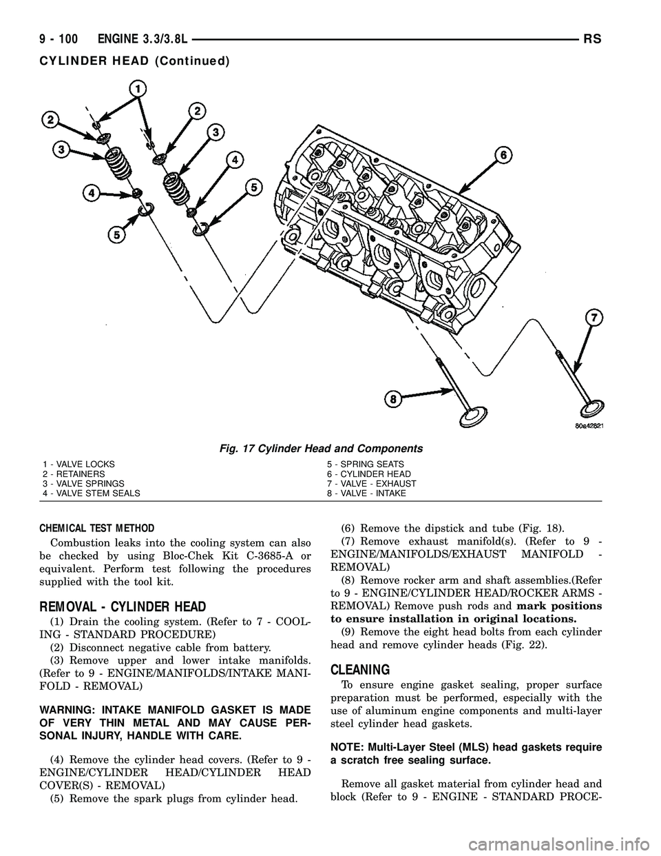 DODGE TOWN AND COUNTRY 2004 Service Manual CHEMICAL TEST METHOD
Combustion leaks into the cooling system can also
be checked by using Bloc-Chek Kit C-3685-A or
equivalent. Perform test following the procedures
supplied with the tool kit.
REMOV DODGE TOWN AND COUNTRY 2004 Service Manual CHEMICAL TEST METHOD
Combustion leaks into the cooling system can also
be checked by using Bloc-Chek Kit C-3685-A or
equivalent. Perform test following the procedures
supplied with the tool kit.
REMOV