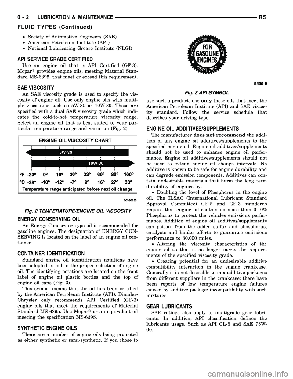 DODGE TOWN AND COUNTRY 2004 User Guide ²Society of Automotive Engineers (SAE)
²American Petroleum Institute (API)
²National Lubricating Grease Institute (NLGI)
API SERVICE GRADE CERTIFIED
Use an engine oil that is API Certified (GF-3).
DODGE TOWN AND COUNTRY 2004 User Guide ²Society of Automotive Engineers (SAE)
²American Petroleum Institute (API)
²National Lubricating Grease Institute (NLGI)
API SERVICE GRADE CERTIFIED
Use an engine oil that is API Certified (GF-3).