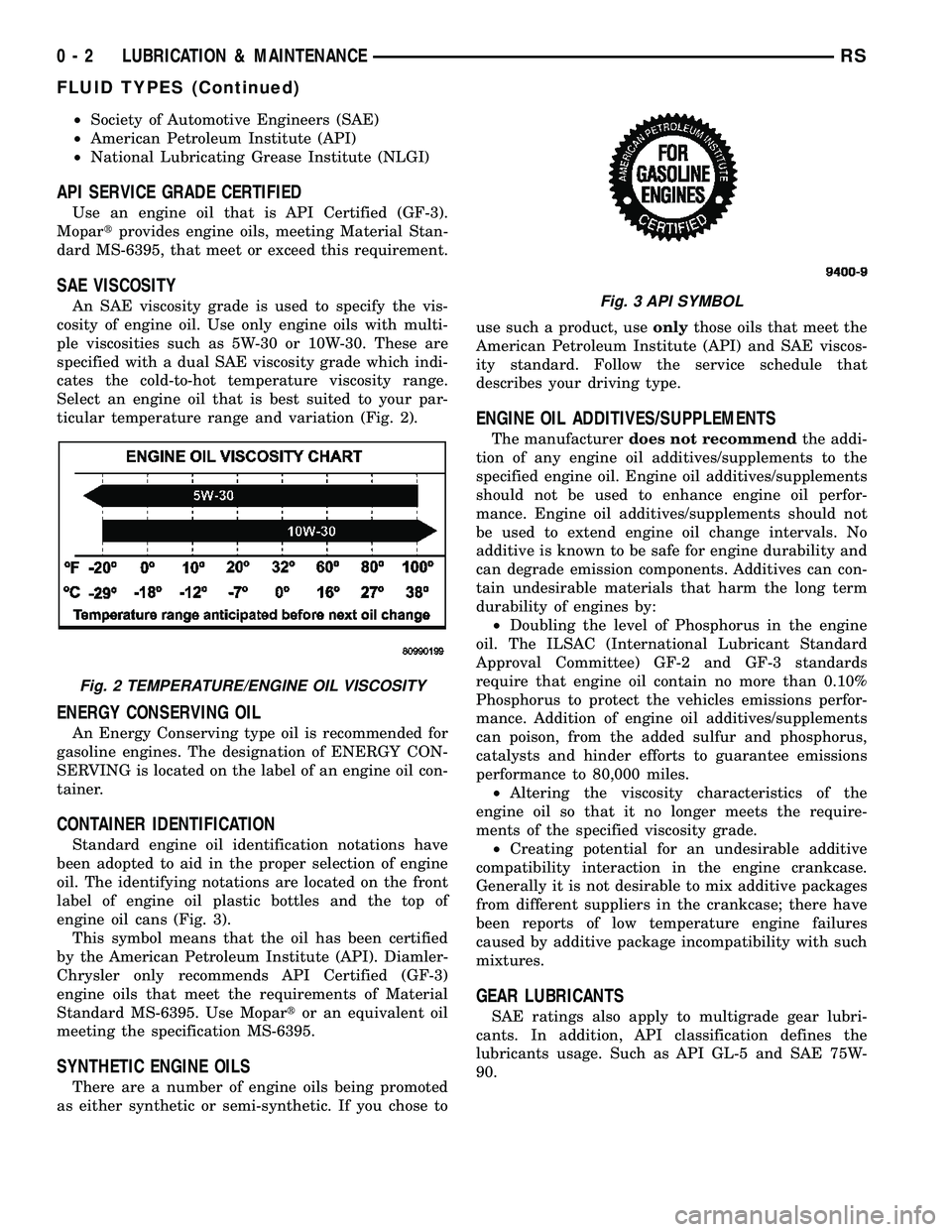 DODGE TOWN AND COUNTRY 2004  Service Manual ²Society of Automotive Engineers (SAE)
²American Petroleum Institute (API)
²National Lubricating Grease Institute (NLGI)
API SERVICE GRADE CERTIFIED
Use an engine oil that is API Certified (GF-3).
