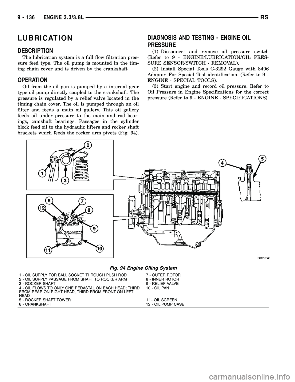 DODGE TOWN AND COUNTRY 2004 Service Manual LUBRICATION
DESCRIPTION
The lubrication system is a full flow filtration pres-
sure feed type. The oil pump is mounted in the tim-
ing chain cover and is driven by the crankshaft
OPERATION
Oil from th DODGE TOWN AND COUNTRY 2004 Service Manual LUBRICATION
DESCRIPTION
The lubrication system is a full flow filtration pres-
sure feed type. The oil pump is mounted in the tim-
ing chain cover and is driven by the crankshaft
OPERATION
Oil from th
