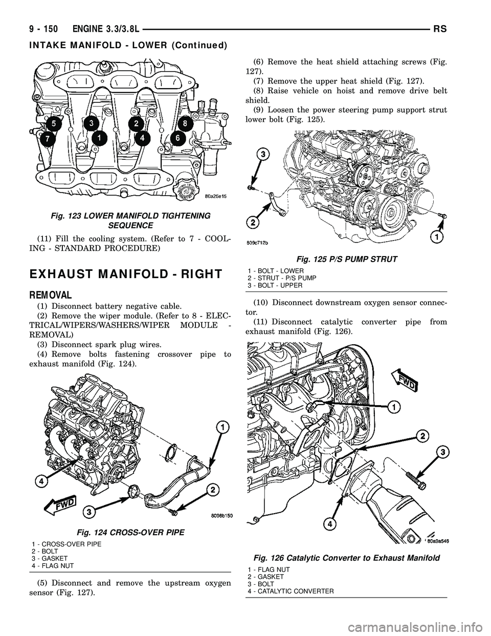 DODGE TOWN AND COUNTRY 2004  Service Manual (11) Fill the cooling system. (Refer to 7 - COOL-
ING - STANDARD PROCEDURE)
EXHAUST MANIFOLD - RIGHT
REMOVAL
(1) Disconnect battery negative cable.
(2) Remove the wiper module. (Refer to 8 - ELEC-
TRI