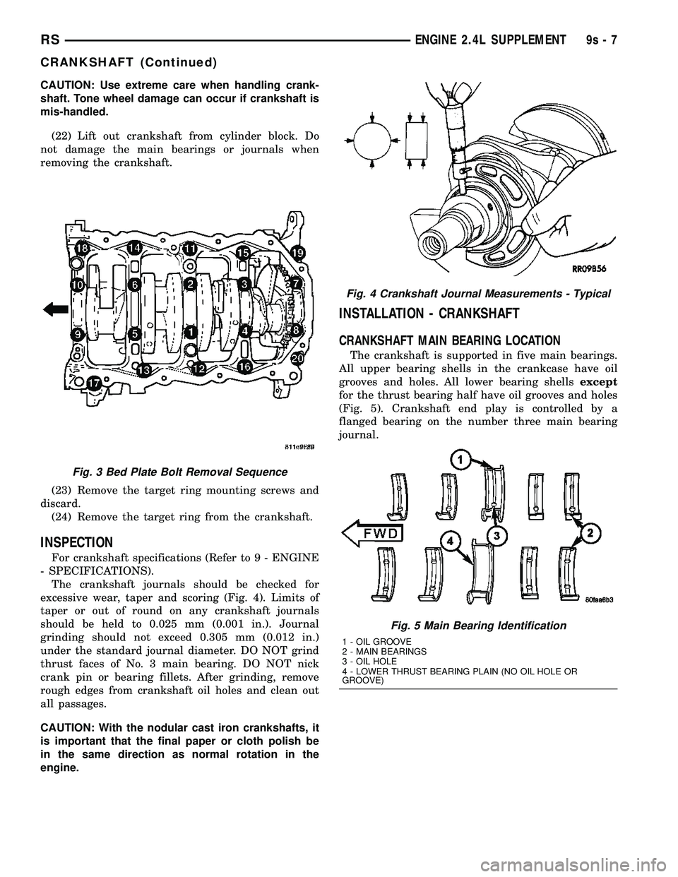 DODGE TOWN AND COUNTRY 2004 Service Manual CAUTION: Use extreme care when handling crank-
shaft. Tone wheel damage can occur if crankshaft is
mis-handled.
(22) Lift out crankshaft from cylinder block. Do
not damage the main bearings or journal DODGE TOWN AND COUNTRY 2004 Service Manual CAUTION: Use extreme care when handling crank-
shaft. Tone wheel damage can occur if crankshaft is
mis-handled.
(22) Lift out crankshaft from cylinder block. Do
not damage the main bearings or journal