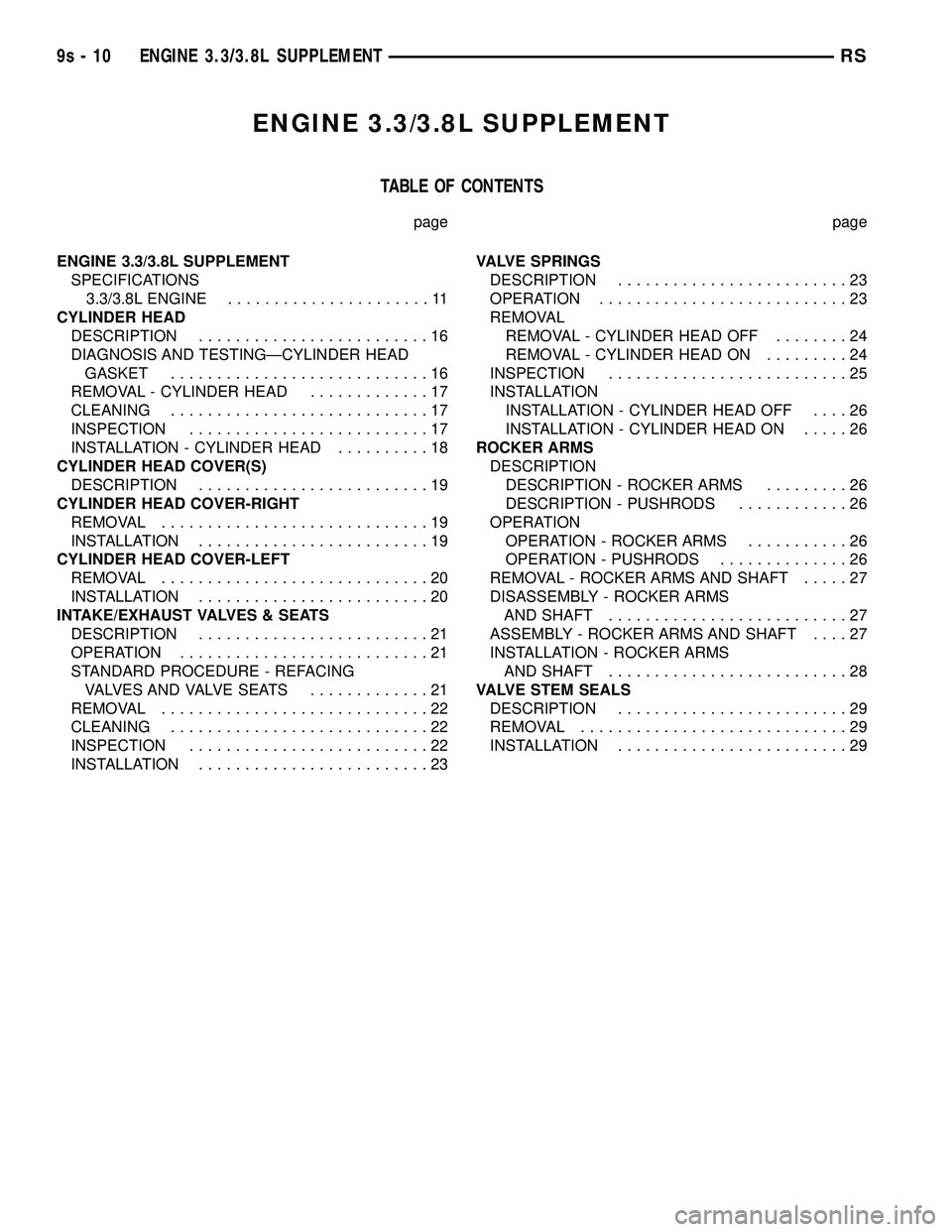 DODGE TOWN AND COUNTRY 2004 Service Manual ENGINE 3.3/3.8L SUPPLEMENT
TABLE OF CONTENTS
page page
ENGINE 3.3/3.8L SUPPLEMENT
SPECIFICATIONS
3.3/3.8L ENGINE......................11
CYLINDER HEAD
DESCRIPTION.........................16
DIAGNOSIS DODGE TOWN AND COUNTRY 2004 Service Manual ENGINE 3.3/3.8L SUPPLEMENT
TABLE OF CONTENTS
page page
ENGINE 3.3/3.8L SUPPLEMENT
SPECIFICATIONS
3.3/3.8L ENGINE......................11
CYLINDER HEAD
DESCRIPTION.........................16
DIAGNOSIS