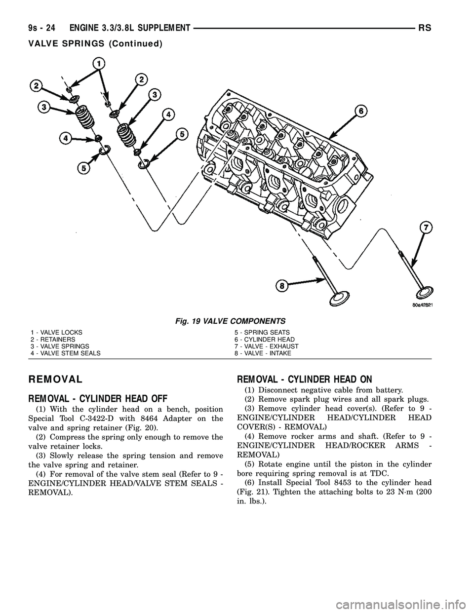 DODGE TOWN AND COUNTRY 2004  Service Manual REMOVAL
REMOVAL - CYLINDER HEAD OFF
(1) With the cylinder head on a bench, position
Special Tool C-3422-D with 8464 Adapter on the
valve and spring retainer (Fig. 20).
(2) Compress the spring only eno