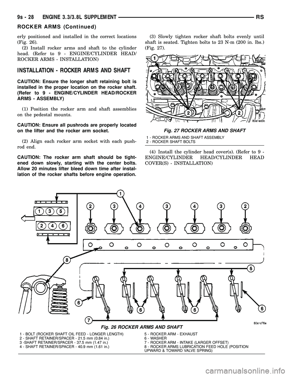 DODGE TOWN AND COUNTRY 2004  Service Manual erly positioned and installed in the correct locations
(Fig. 26).
(2) Install rocker arms and shaft to the cylinder
head. (Refer to 9 - ENGINE/CYLINDER HEAD/
ROCKER ARMS - INSTALLATION)
INSTALLATION -