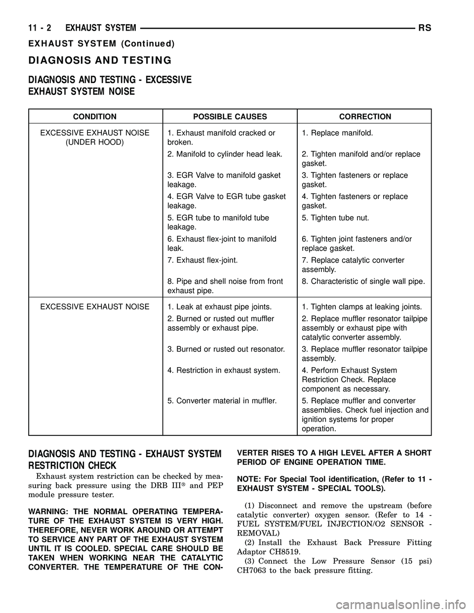 DODGE TOWN AND COUNTRY 2004  Service Manual DIAGNOSIS AND TESTING
DIAGNOSIS AND TESTING - EXCESSIVE
EXHAUST SYSTEM NOISE
CONDITION POSSIBLE CAUSES CORRECTION
EXCESSIVE EXHAUST NOISE
(UNDER HOOD)1. Exhaust manifold cracked or
broken.1. Replace m