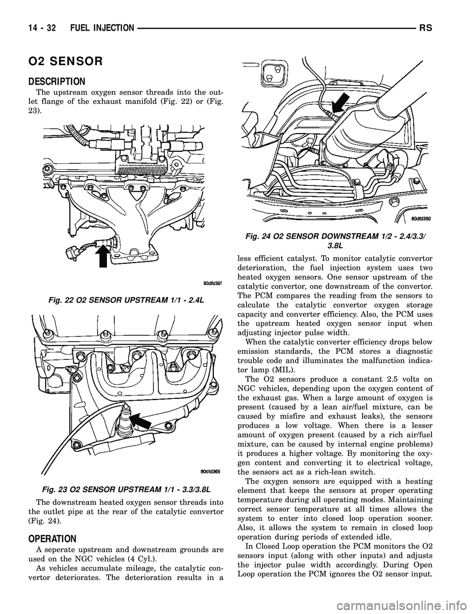 DODGE TOWN AND COUNTRY 2004  Service Manual O2 SENSOR
DESCRIPTION
The upstream oxygen sensor threads into the out-
let flange of the exhaust manifold (Fig. 22) or (Fig.
23).
The downstream heated oxygen sensor threads into
the outlet pipe at th