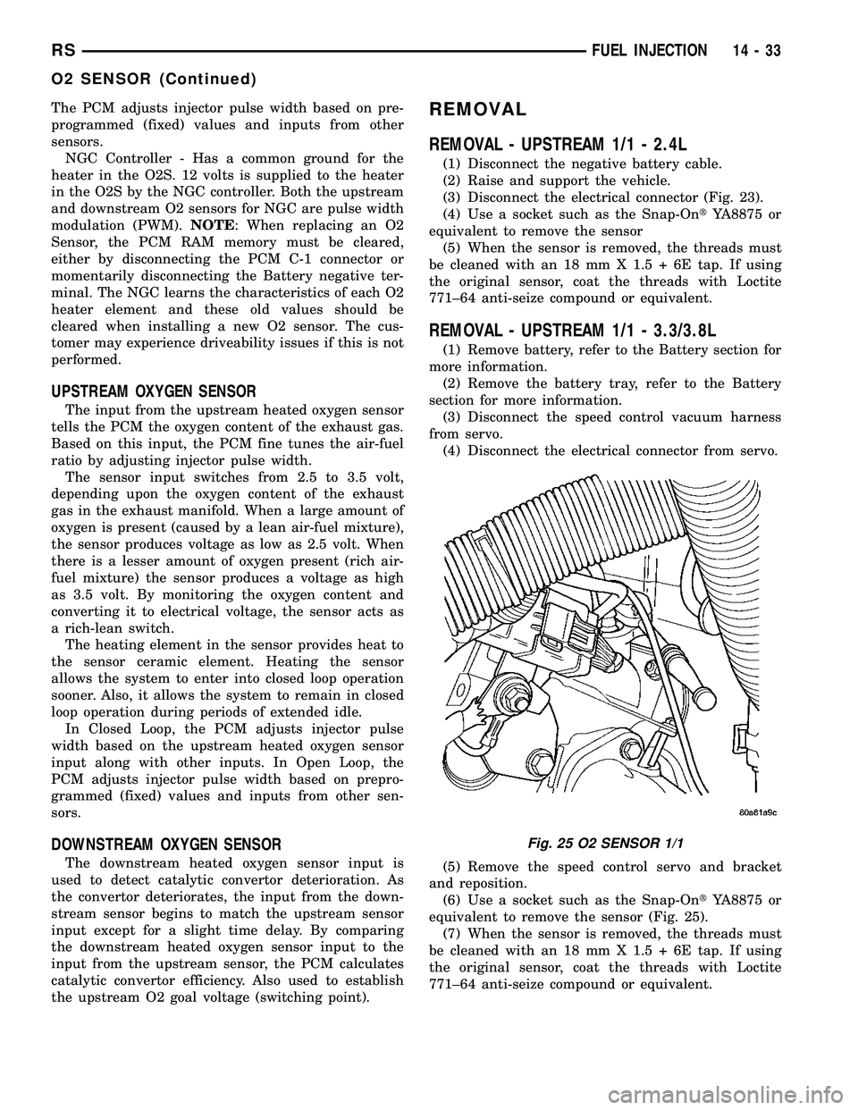 DODGE TOWN AND COUNTRY 2004  Service Manual The PCM adjusts injector pulse width based on pre-
programmed (fixed) values and inputs from other
sensors.
NGC Controller - Has a common ground for the
heater in the O2S. 12 volts is supplied to the 