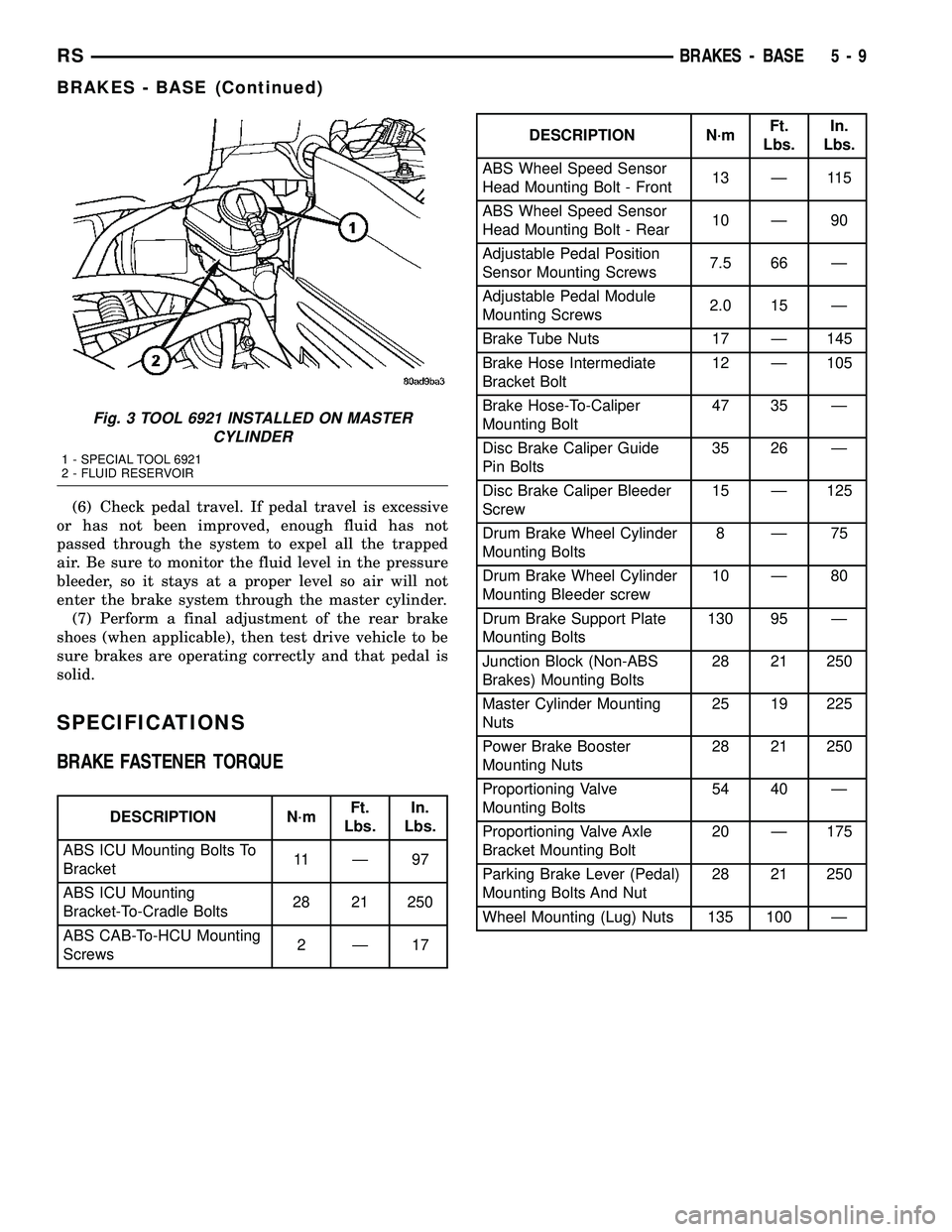 DODGE TOWN AND COUNTRY 2004 Service Manual (6) Check pedal travel. If pedal travel is excessive
or has not been improved, enough fluid has not
passed through the system to expel all the trapped
air. Be sure to monitor the fluid level in the pr DODGE TOWN AND COUNTRY 2004 Service Manual (6) Check pedal travel. If pedal travel is excessive
or has not been improved, enough fluid has not
passed through the system to expel all the trapped
air. Be sure to monitor the fluid level in the pr