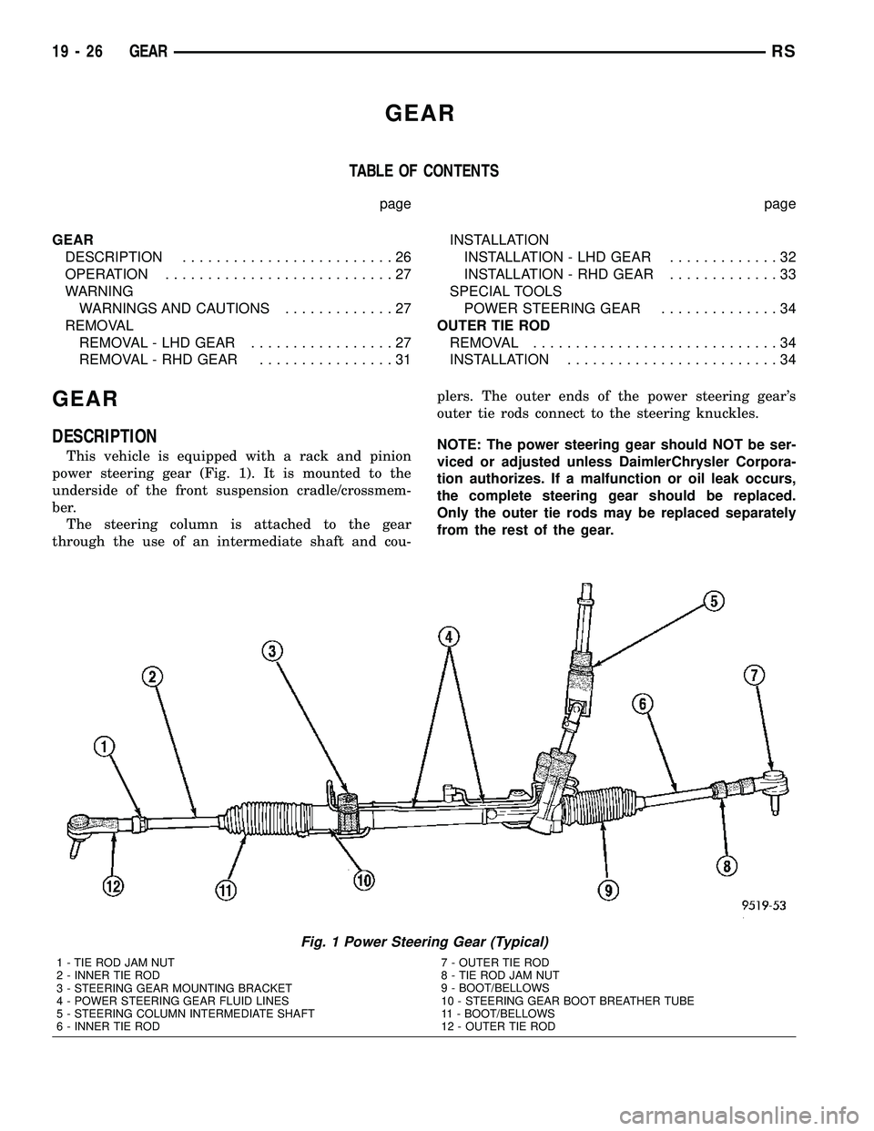 DODGE TOWN AND COUNTRY 2004  Service Manual GEAR
TABLE OF CONTENTS
page page
GEAR
DESCRIPTION.........................26
OPERATION...........................27
WARNING
WARNINGS AND CAUTIONS.............27
REMOVAL
REMOVAL - LHD GEAR.............