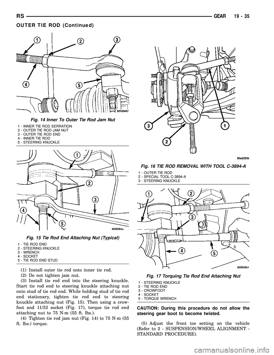 DODGE TOWN AND COUNTRY 2004  Service Manual (1) Install outer tie rod onto inner tie rod.
(2) Do not tighten jam nut.
(3) Install tie rod end into the steering knuckle.
Start tie rod end to steering knuckle attaching nut
onto stud of tie rod en