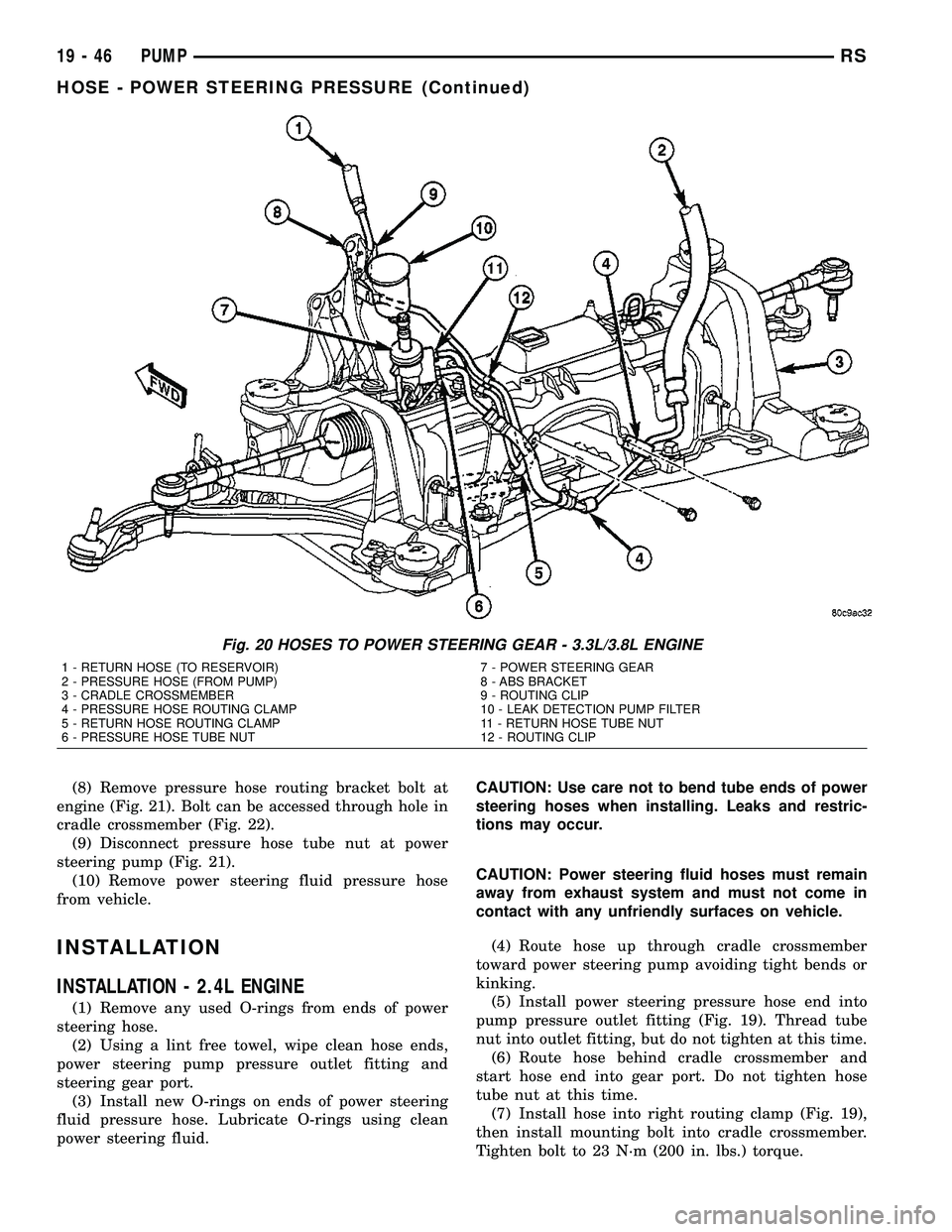 DODGE TOWN AND COUNTRY 2004  Service Manual (8) Remove pressure hose routing bracket bolt at
engine (Fig. 21). Bolt can be accessed through hole in
cradle crossmember (Fig. 22).
(9) Disconnect pressure hose tube nut at power
steering pump (Fig.