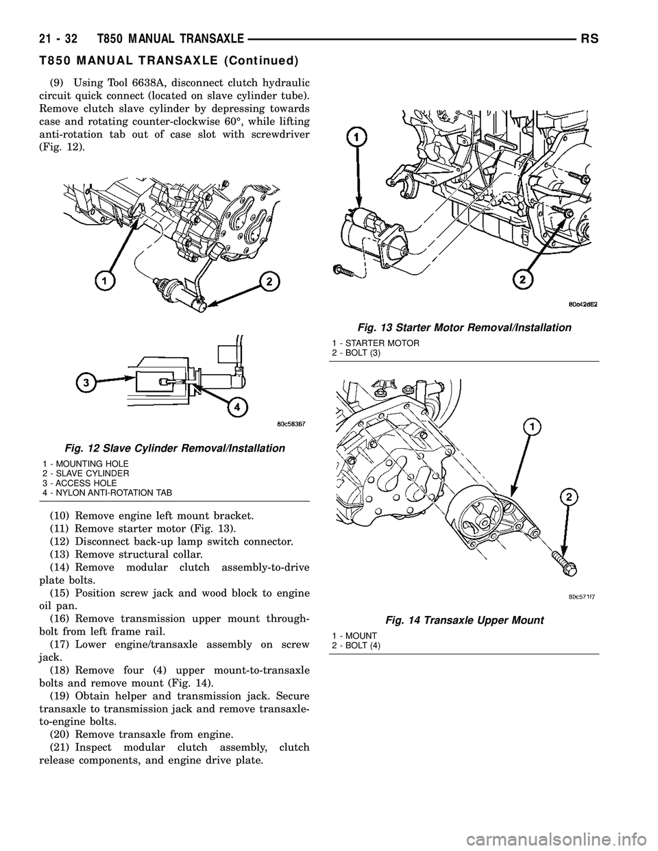 DODGE TOWN AND COUNTRY 2004  Service Manual (9) Using Tool 6638A, disconnect clutch hydraulic
circuit quick connect (located on slave cylinder tube).
Remove clutch slave cylinder by depressing towards
case and rotating counter-clockwise 60É, w