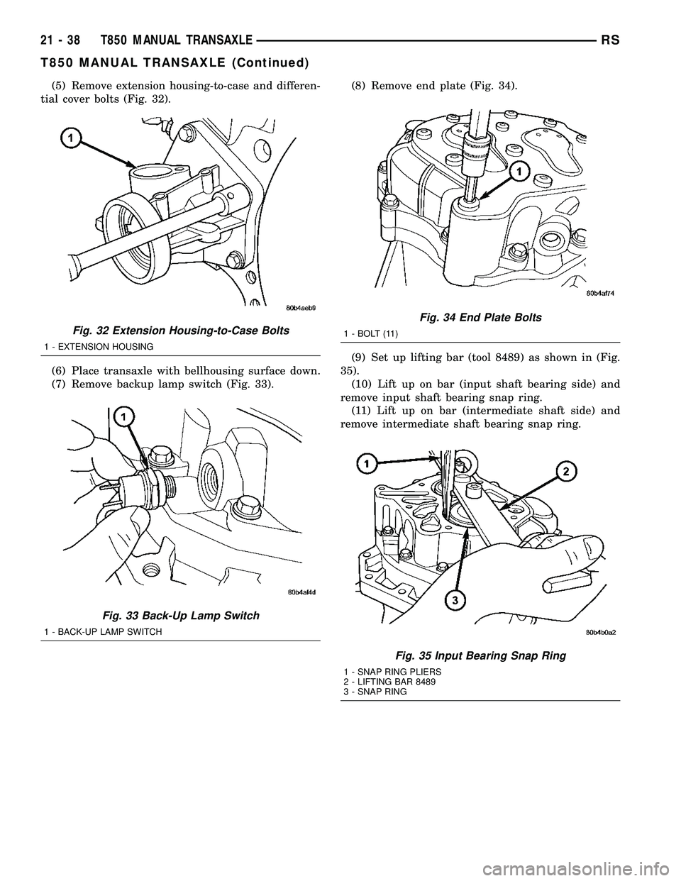DODGE TOWN AND COUNTRY 2004  Service Manual (5) Remove extension housing-to-case and differen-
tial cover bolts (Fig. 32).
(6) Place transaxle with bellhousing surface down.
(7) Remove backup lamp switch (Fig. 33).(8) Remove end plate (Fig. 34)