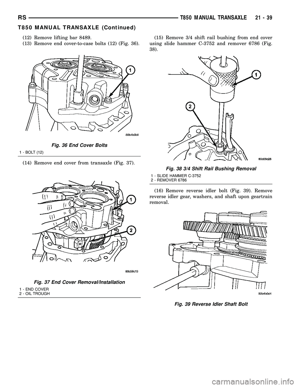 DODGE TOWN AND COUNTRY 2004  Service Manual (12) Remove lifting bar 8489.
(13) Remove end cover-to-case bolts (12) (Fig. 36).
(14) Remove end cover from transaxle (Fig. 37).(15) Remove 3/4 shift rail bushing from end cover
using slide hammer C-