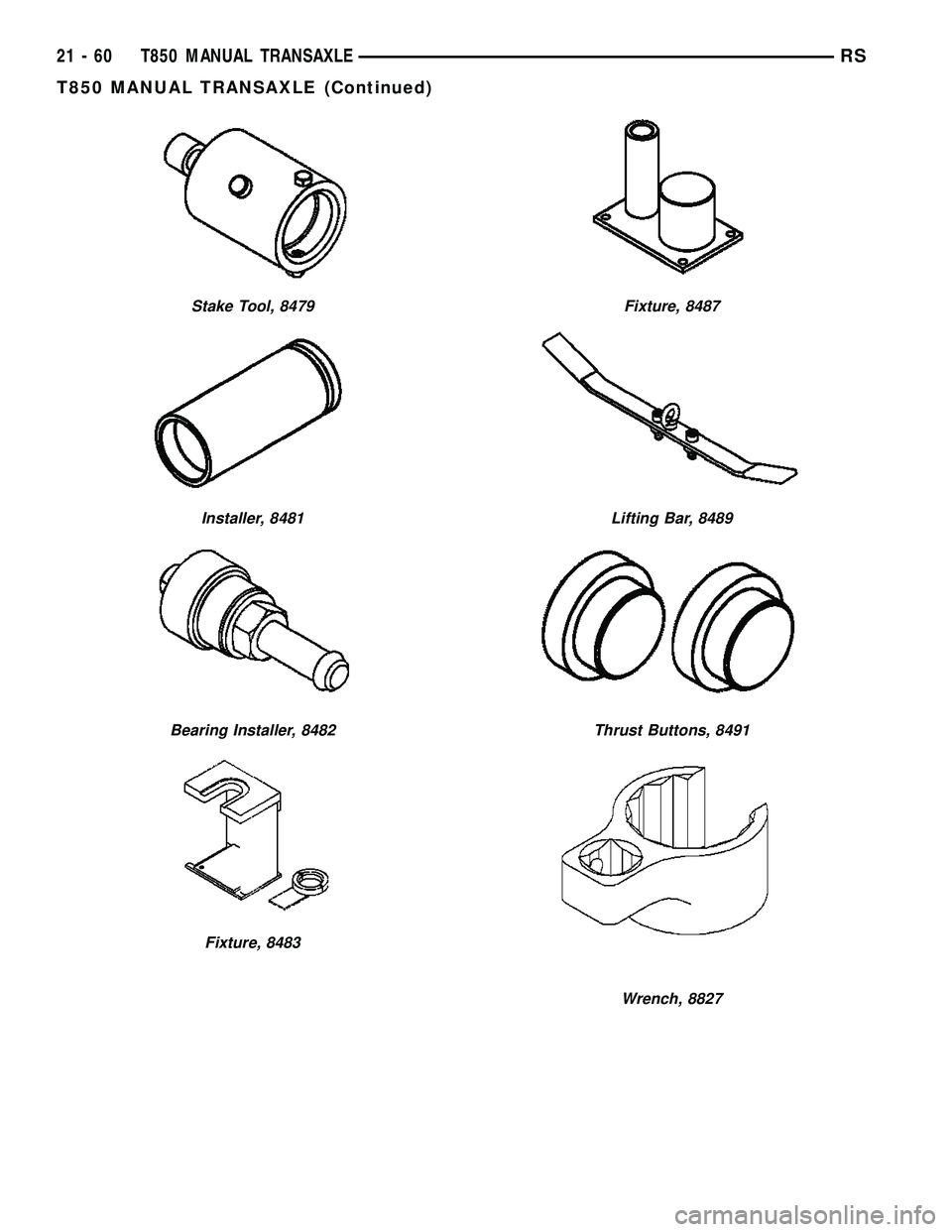 DODGE TOWN AND COUNTRY 2004  Service Manual Stake Tool, 8479
Installer, 8481
Bearing Installer, 8482
Fixture, 8483
Fixture, 8487
Lifting Bar, 8489
Thrust Buttons, 8491
Wrench, 8827
21 - 60 T850 MANUAL TRANSAXLERS
T850 MANUAL TRANSAXLE (Continue