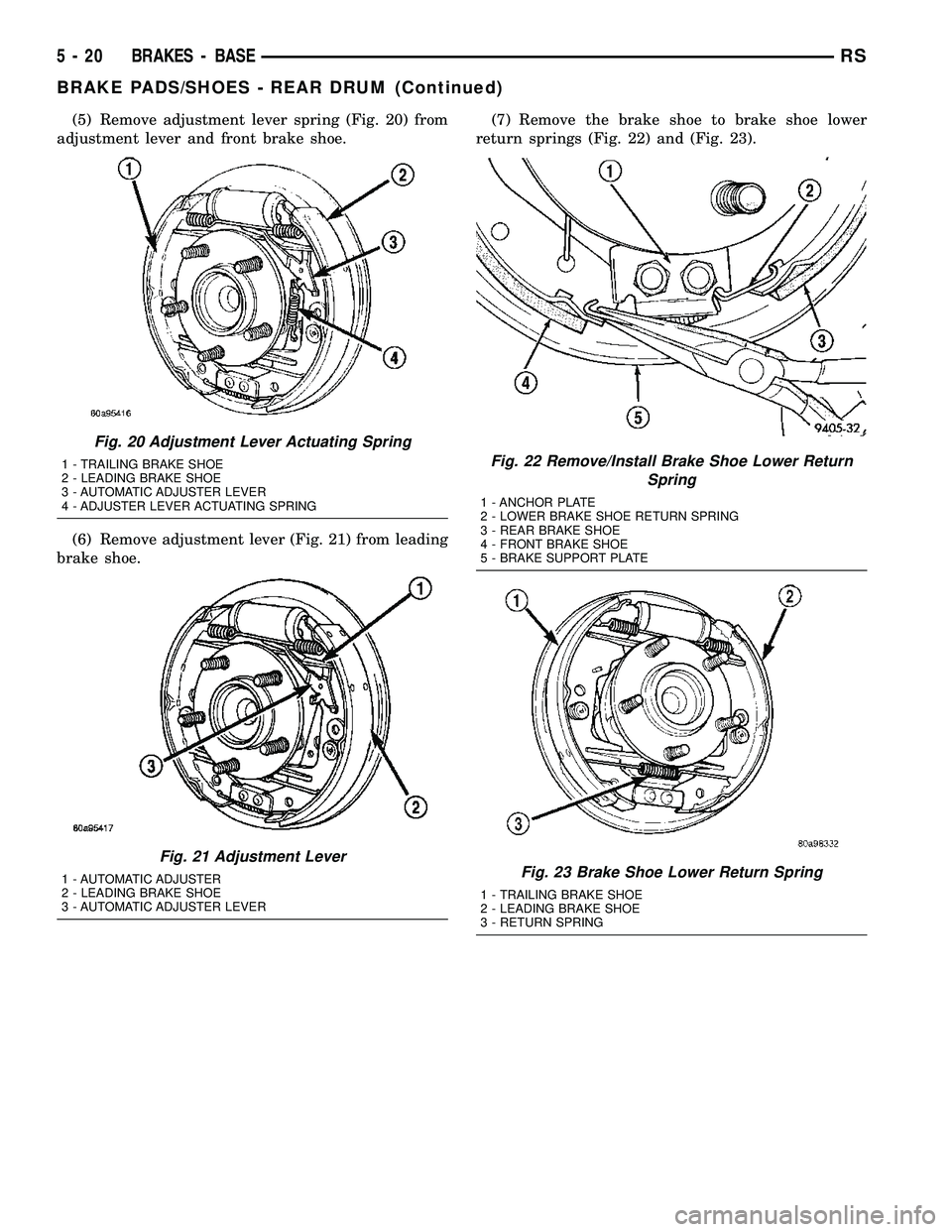 DODGE TOWN AND COUNTRY 2004  Service Manual (5) Remove adjustment lever spring (Fig. 20) from
adjustment lever and front brake shoe.
(6) Remove adjustment lever (Fig. 21) from leading
brake shoe.(7) Remove the brake shoe to brake shoe lower
ret