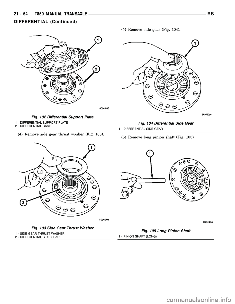 DODGE TOWN AND COUNTRY 2004  Service Manual (4) Remove side gear thrust washer (Fig. 103).(5) Remove side gear (Fig. 104).
(6) Remove long pinion shaft (Fig. 105).
Fig. 102 Differential Support Plate
1 - DIFFERENTIAL SUPPORT PLATE
2 - DIFFERENT