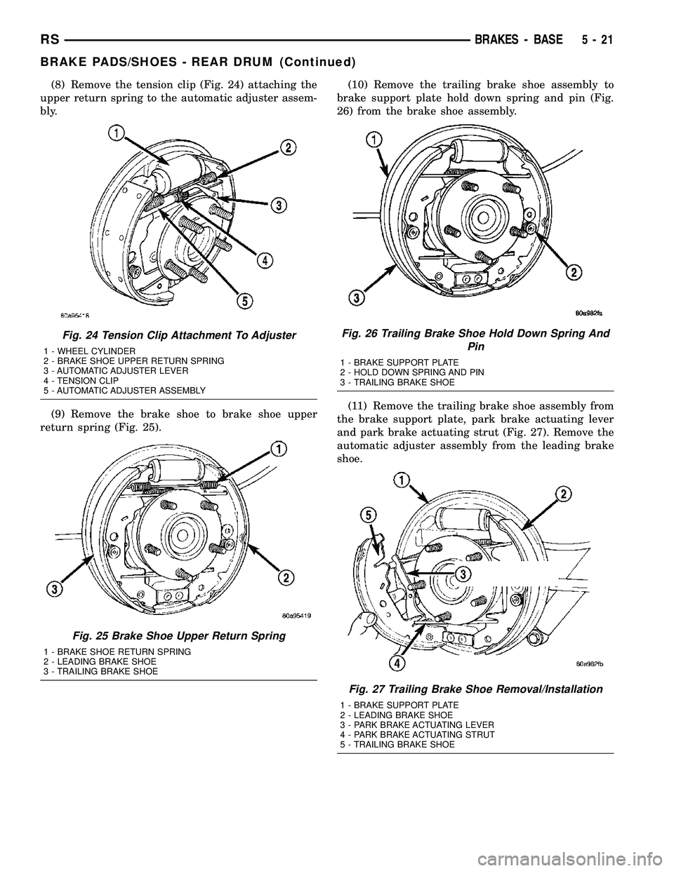 DODGE TOWN AND COUNTRY 2004  Service Manual (8) Remove the tension clip (Fig. 24) attaching the
upper return spring to the automatic adjuster assem-
bly.
(9) Remove the brake shoe to brake shoe upper
return spring (Fig. 25).(10) Remove the trai