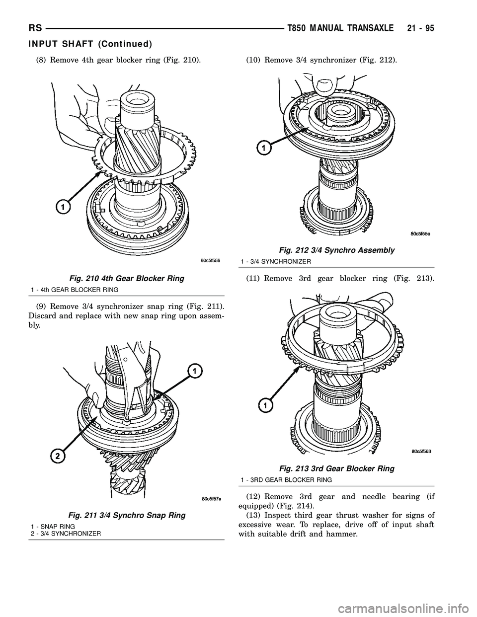 DODGE TOWN AND COUNTRY 2004  Service Manual (8) Remove 4th gear blocker ring (Fig. 210).
(9) Remove 3/4 synchronizer snap ring (Fig. 211).
Discard and replace with new snap ring upon assem-
bly.(10) Remove 3/4 synchronizer (Fig. 212).
(11) Remo
