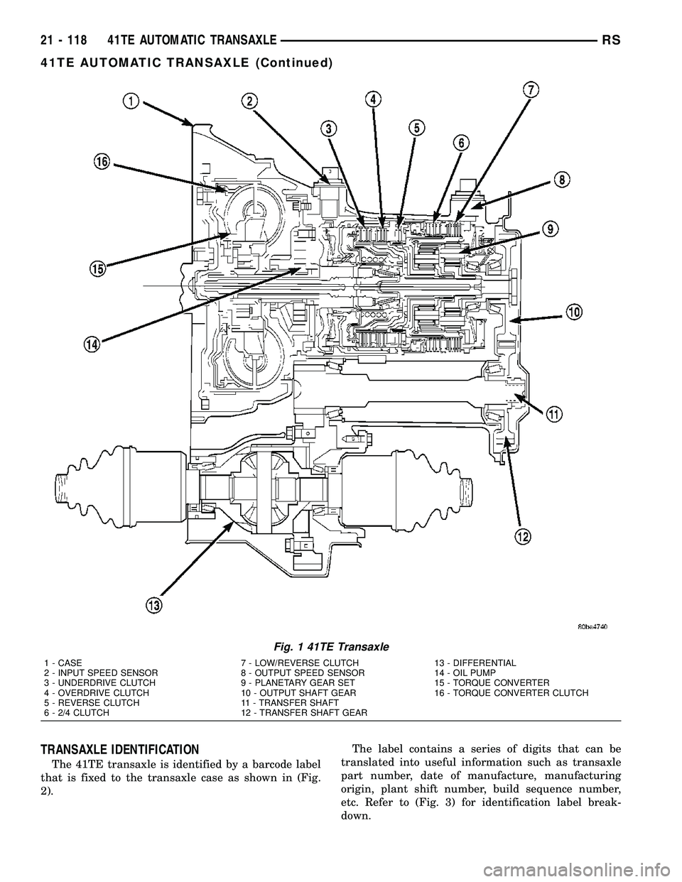 DODGE TOWN AND COUNTRY 2004  Service Manual TRANSAXLE IDENTIFICATION
The 41TE transaxle is identified by a barcode label
that is fixed to the transaxle case as shown in (Fig.
2).The label contains a series of digits that can be
translated into 