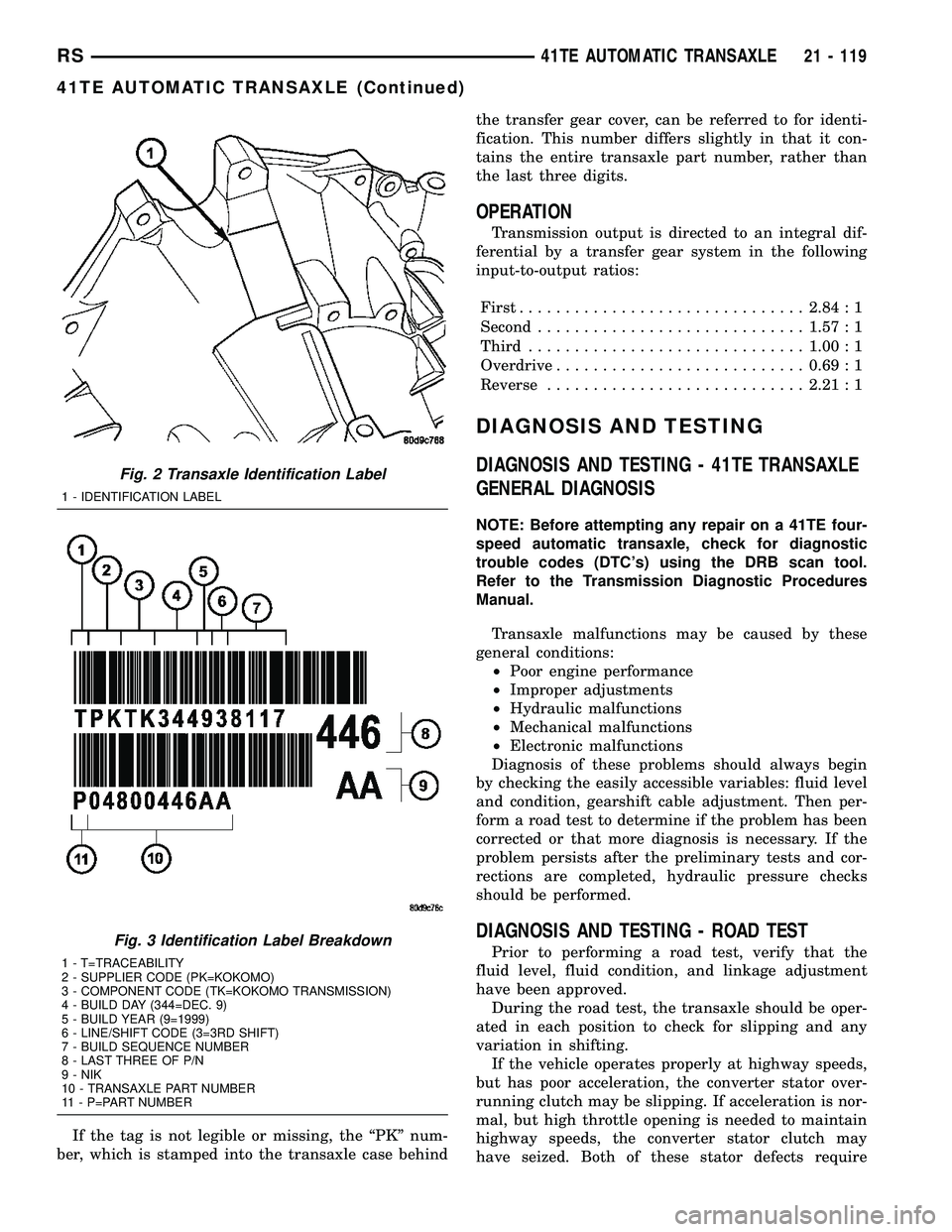 DODGE TOWN AND COUNTRY 2004  Service Manual If the tag is not legible or missing, the ªPKº num-
ber, which is stamped into the transaxle case behindthe transfer gear cover, can be referred to for identi-
fication. This number differs slightly