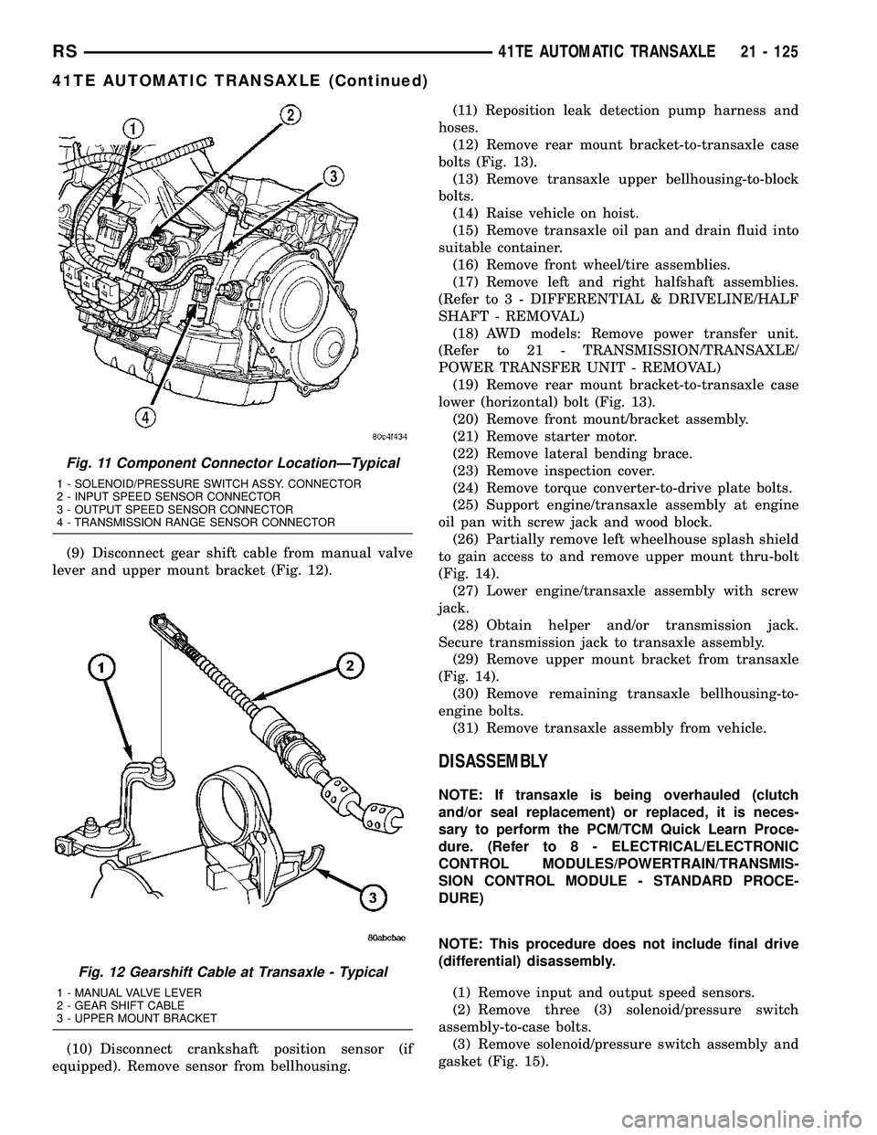 DODGE TOWN AND COUNTRY 2004  Service Manual (9) Disconnect gear shift cable from manual valve
lever and upper mount bracket (Fig. 12).
(10) Disconnect crankshaft position sensor (if
equipped). Remove sensor from bellhousing.(11) Reposition leak