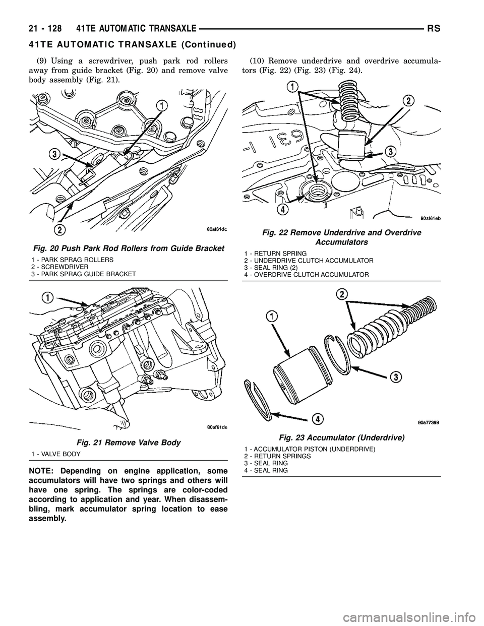 DODGE TOWN AND COUNTRY 2004  Service Manual (9) Using a screwdriver, push park rod rollers
away from guide bracket (Fig. 20) and remove valve
body assembly (Fig. 21).
NOTE: Depending on engine application, some
accumulators will have two spring