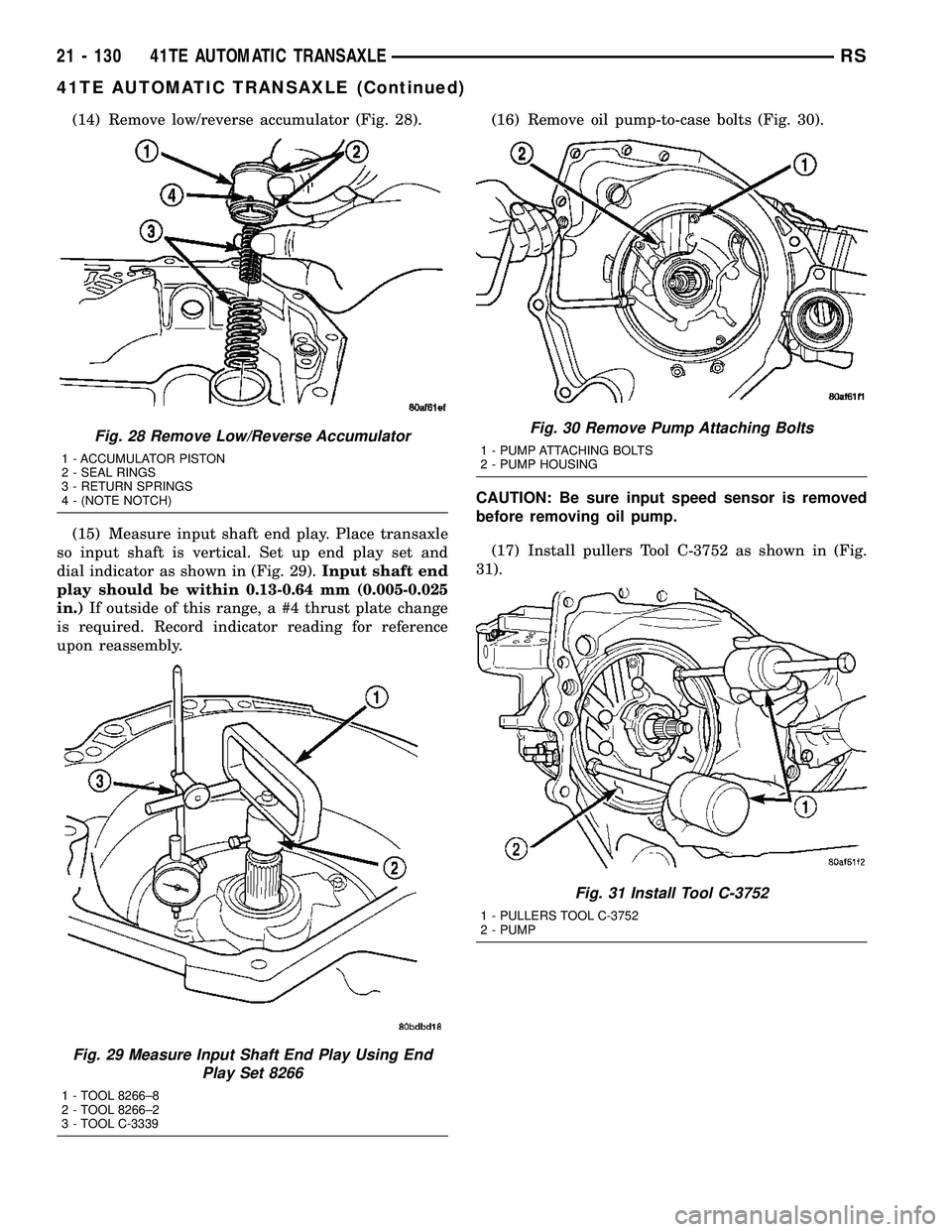 DODGE TOWN AND COUNTRY 2004  Service Manual (14) Remove low/reverse accumulator (Fig. 28).
(15) Measure input shaft end play. Place transaxle
so input shaft is vertical. Set up end play set and
dial indicator as shown in (Fig. 29).Input shaft e