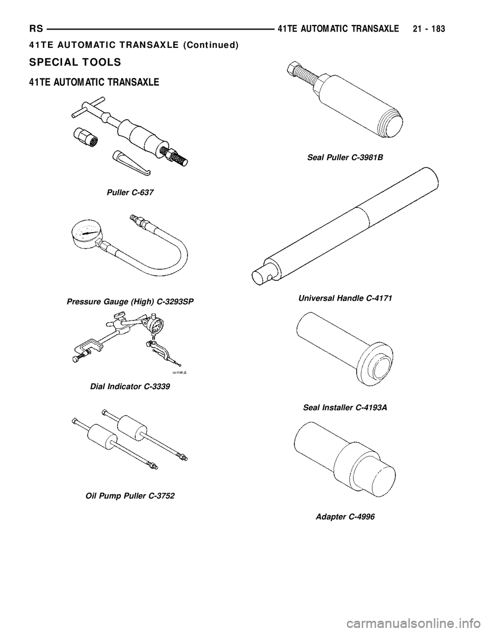 DODGE TOWN AND COUNTRY 2004  Service Manual SPECIAL TOOLS
41TE AUTOMATIC TRANSAXLE
Puller C-637
Pressure Gauge (High) C-3293SP
Dial Indicator C-3339
Oil Pump Puller C-3752
Seal Puller C-3981B
Universal Handle C-4171
Seal Installer C-4193A
Adapt