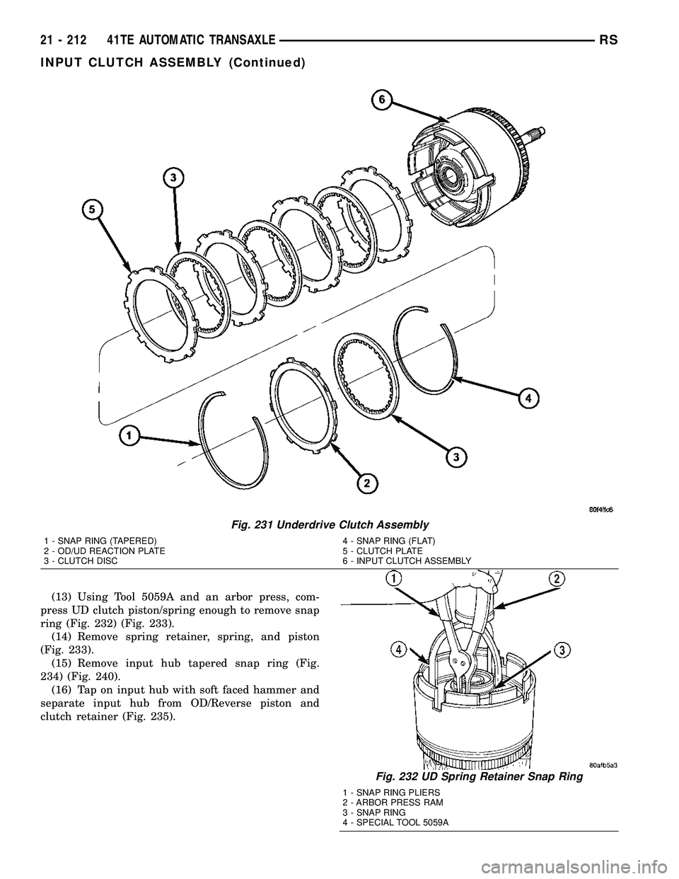 DODGE TOWN AND COUNTRY 2004 Service Manual (13) Using Tool 5059A and an arbor press, com-
press UD clutch piston/spring enough to remove snap
ring (Fig. 232) (Fig. 233).
(14) Remove spring retainer, spring, and piston
(Fig. 233).
(15) Remove i DODGE TOWN AND COUNTRY 2004 Service Manual (13) Using Tool 5059A and an arbor press, com-
press UD clutch piston/spring enough to remove snap
ring (Fig. 232) (Fig. 233).
(14) Remove spring retainer, spring, and piston
(Fig. 233).
(15) Remove i