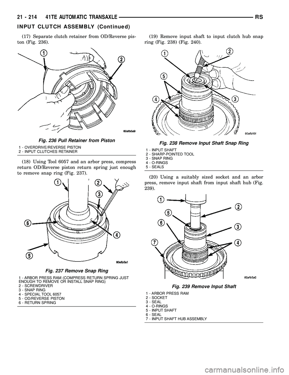 DODGE TOWN AND COUNTRY 2004 Service Manual (17) Separate clutch retainer from OD/Reverse pis-
ton (Fig. 236).
(18) Using Tool 6057 and an arbor press, compress
return OD/Reverse piston return spring just enough
to remove snap ring (Fig. 237).( DODGE TOWN AND COUNTRY 2004 Service Manual (17) Separate clutch retainer from OD/Reverse pis-
ton (Fig. 236).
(18) Using Tool 6057 and an arbor press, compress
return OD/Reverse piston return spring just enough
to remove snap ring (Fig. 237).(