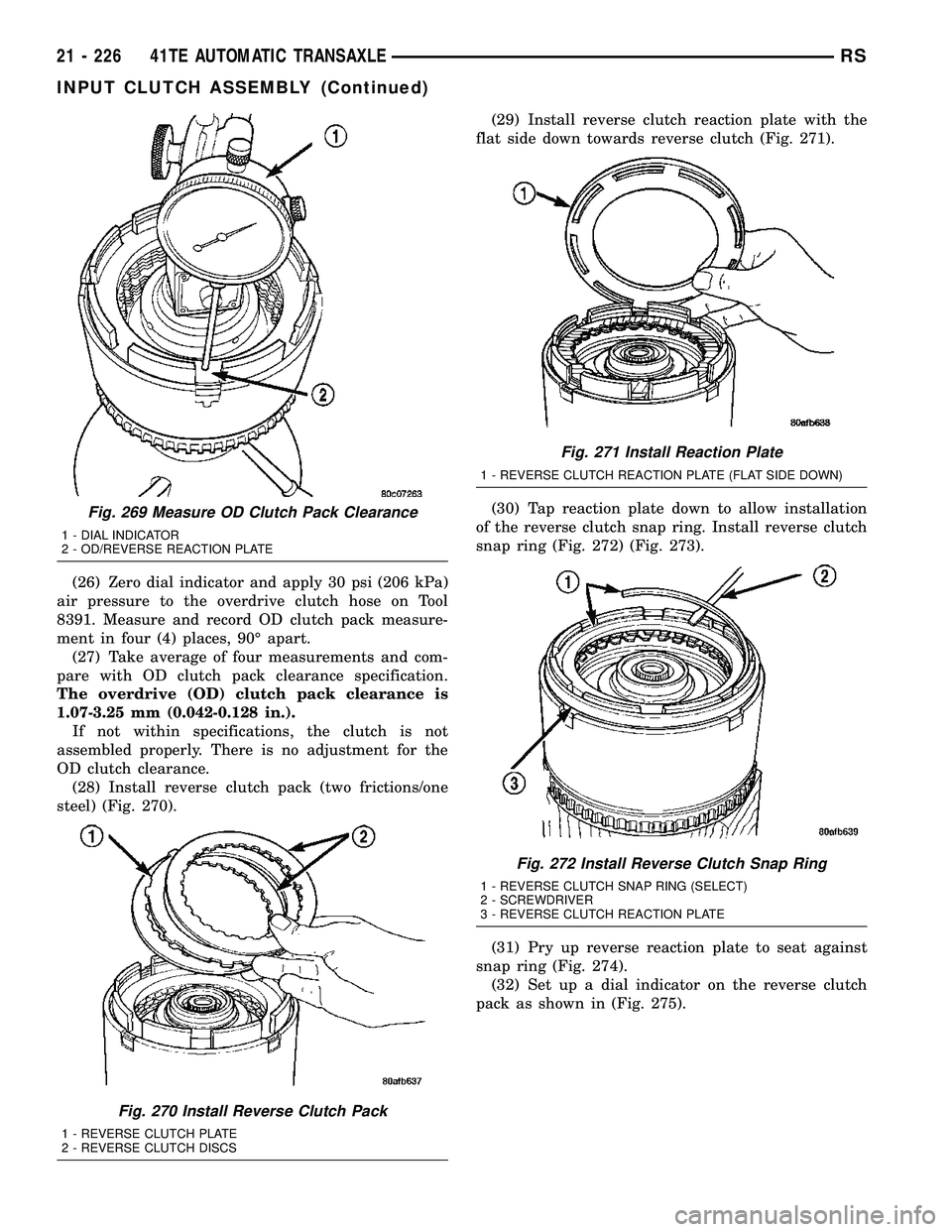 DODGE TOWN AND COUNTRY 2004 Service Manual (26) Zero dial indicator and apply 30 psi (206 kPa)
air pressure to the overdrive clutch hose on Tool
8391. Measure and record OD clutch pack measure-
ment in four (4) places, 90É apart.
(27) Take av DODGE TOWN AND COUNTRY 2004 Service Manual (26) Zero dial indicator and apply 30 psi (206 kPa)
air pressure to the overdrive clutch hose on Tool
8391. Measure and record OD clutch pack measure-
ment in four (4) places, 90É apart.
(27) Take av