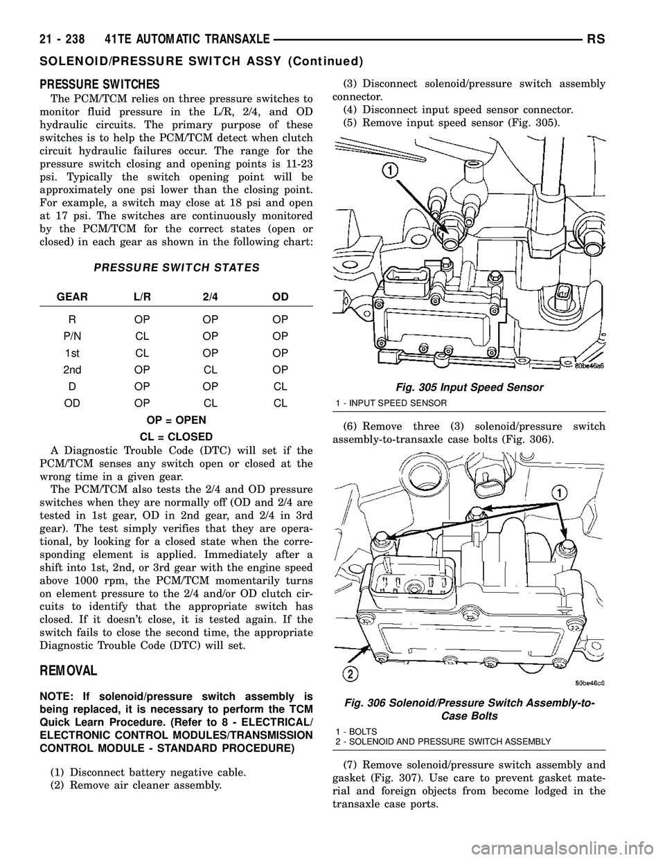 DODGE TOWN AND COUNTRY 2004 Service Manual PRESSURE SWITCHES
The PCM/TCM relies on three pressure switches to
monitor fluid pressure in the L/R, 2/4, and OD
hydraulic circuits. The primary purpose of these
switches is to help the PCM/TCM detec DODGE TOWN AND COUNTRY 2004 Service Manual PRESSURE SWITCHES
The PCM/TCM relies on three pressure switches to
monitor fluid pressure in the L/R, 2/4, and OD
hydraulic circuits. The primary purpose of these
switches is to help the PCM/TCM detec