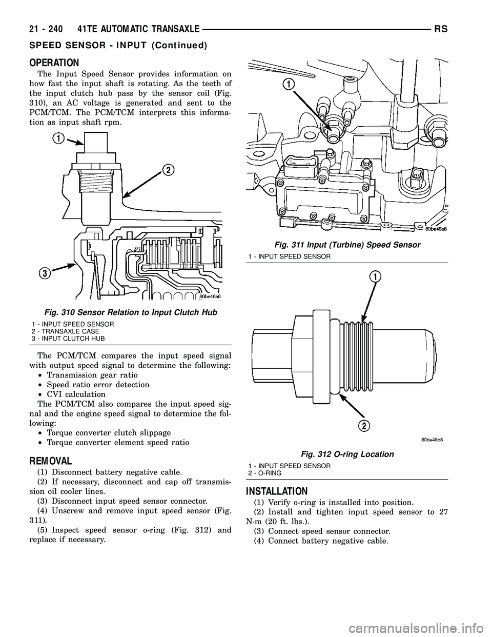 DODGE TOWN AND COUNTRY 2004 Service Manual OPERATION
The Input Speed Sensor provides information on
how fast the input shaft is rotating. As the teeth of
the input clutch hub pass by the sensor coil (Fig.
310), an AC voltage is generated and s DODGE TOWN AND COUNTRY 2004 Service Manual OPERATION
The Input Speed Sensor provides information on
how fast the input shaft is rotating. As the teeth of
the input clutch hub pass by the sensor coil (Fig.
310), an AC voltage is generated and s