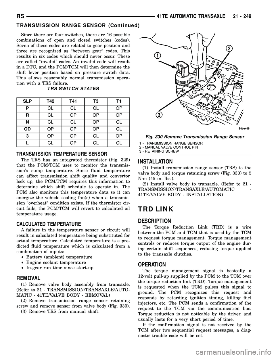 DODGE TOWN AND COUNTRY 2004 Service Manual Since there are four switches, there are 16 possible
combinations of open and closed switches (codes).
Seven of these codes are related to gear position and
three are recognized as ªbetween gearº co DODGE TOWN AND COUNTRY 2004 Service Manual Since there are four switches, there are 16 possible
combinations of open and closed switches (codes).
Seven of these codes are related to gear position and
three are recognized as ªbetween gearº co