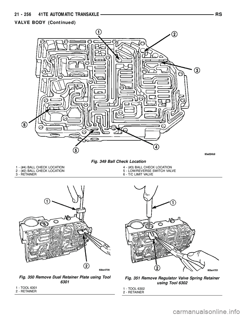 DODGE TOWN AND COUNTRY 2004  Service Manual Fig. 349 Ball Check Location
1 - (#4) BALL CHECK LOCATION
2 - (#2) BALL CHECK LOCATION
3 - RETAINER4 - (#3) BALL CHECK LOCATION
5 - LOW/REVERSE SWITCH VALVE
6 - T/C LIMIT VALVE
Fig. 350 Remove Dual Re