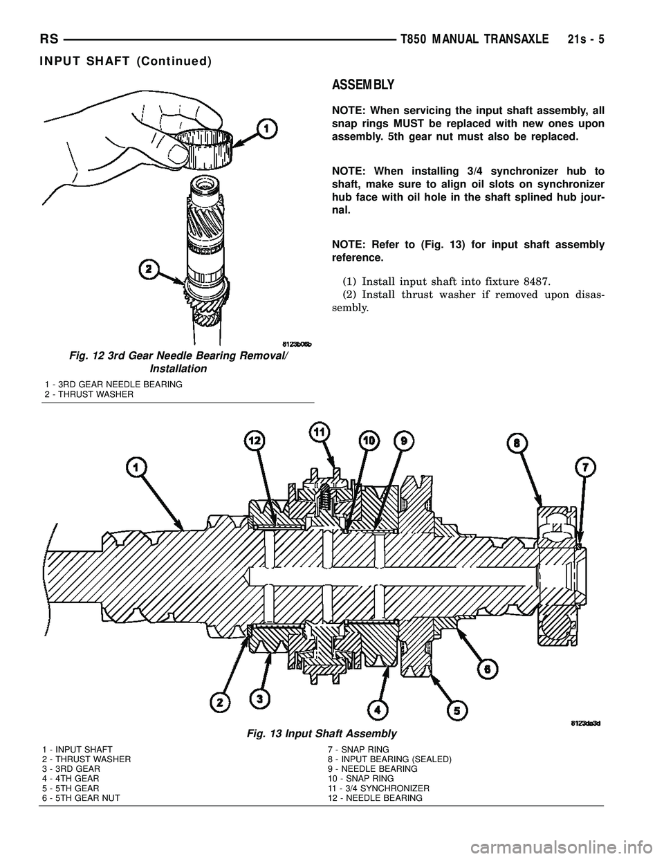 DODGE TOWN AND COUNTRY 2004  Service Manual ASSEMBLY
NOTE: When servicing the input shaft assembly, all
snap rings MUST be replaced with new ones upon
assembly. 5th gear nut must also be replaced.
NOTE: When installing 3/4 synchronizer hub to
s