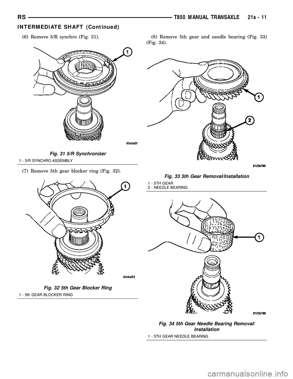 DODGE TOWN AND COUNTRY 2004  Service Manual (6) Remove 5/R synchro (Fig. 31).
(7) Remove 5th gear blocker ring (Fig. 32).(8) Remove 5th gear and needle bearing (Fig. 33)
(Fig. 34).
Fig. 31 5/R Synchronizer
1 - 5/R SYNCHRO ASSEMBLY
Fig. 32 5th G