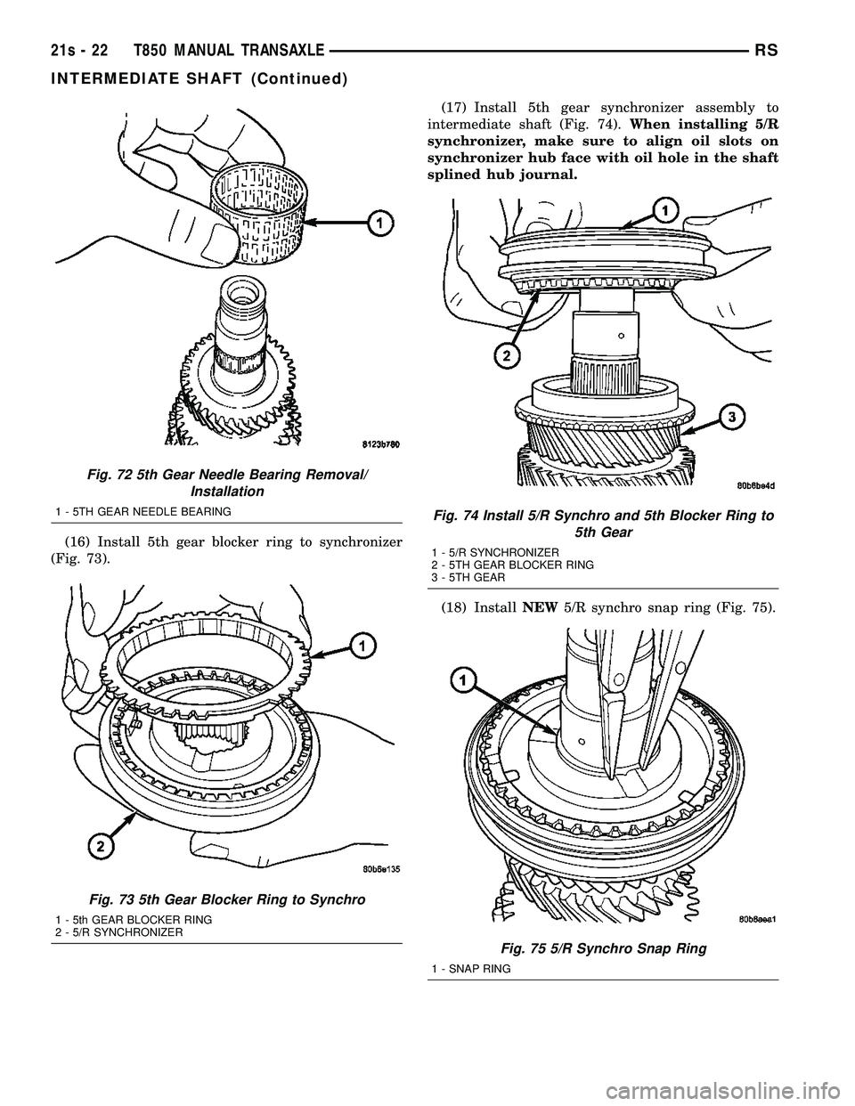 DODGE TOWN AND COUNTRY 2004 Service Manual (16) Install 5th gear blocker ring to synchronizer
(Fig. 73). (17) Install 5th gear synchronizer assembly to
intermediate shaft (Fig. 74). When installing 5/R
synchronizer, make sure to align oil slot DODGE TOWN AND COUNTRY 2004 Service Manual (16) Install 5th gear blocker ring to synchronizer
(Fig. 73). (17) Install 5th gear synchronizer assembly to
intermediate shaft (Fig. 74). When installing 5/R
synchronizer, make sure to align oil slot