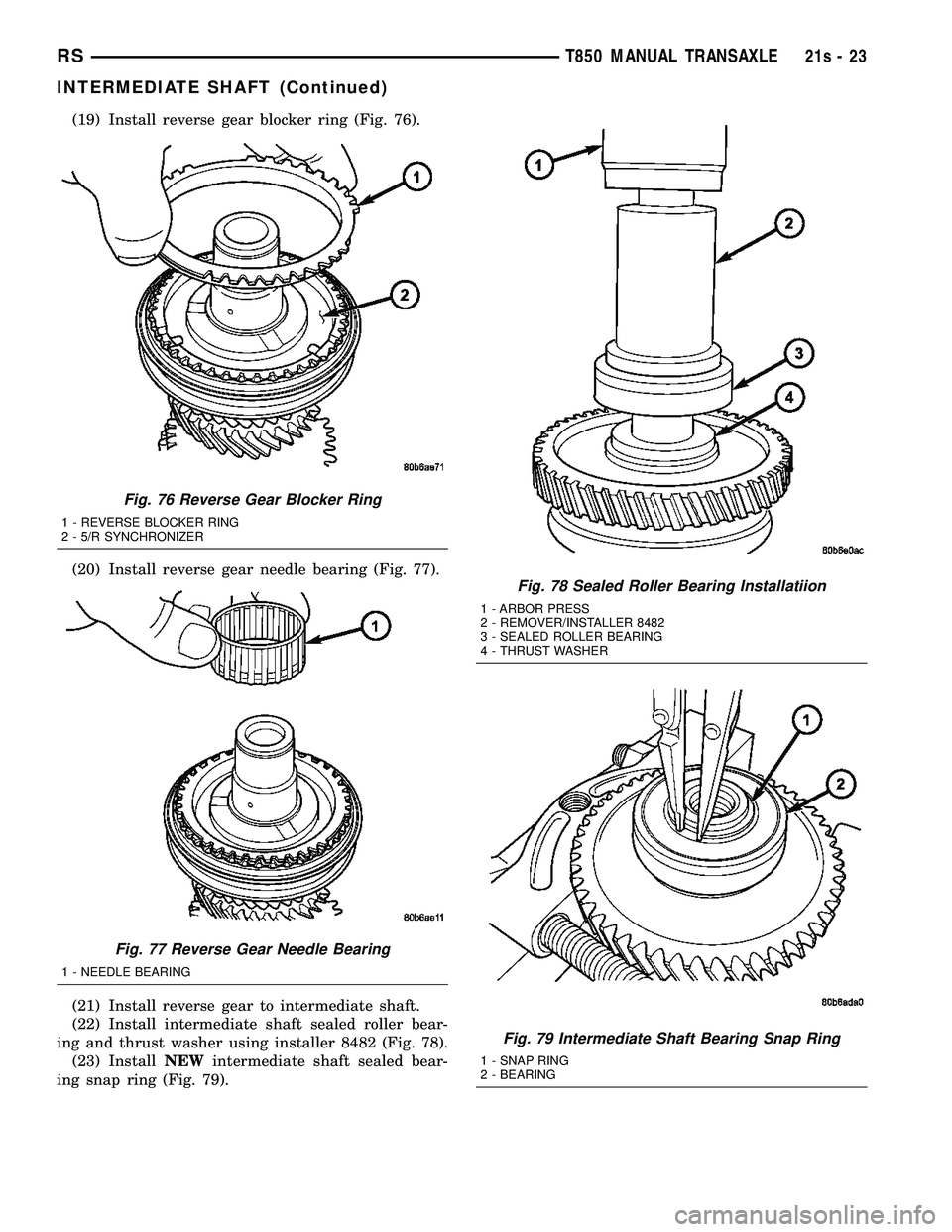 DODGE TOWN AND COUNTRY 2004 Service Manual (19) Install reverse gear blocker ring (Fig. 76).
(20) Install reverse gear needle bearing (Fig. 77).
(21) Install reverse gear to intermediate shaft.
(22) Install intermediate shaft sealed roller bea DODGE TOWN AND COUNTRY 2004 Service Manual (19) Install reverse gear blocker ring (Fig. 76).
(20) Install reverse gear needle bearing (Fig. 77).
(21) Install reverse gear to intermediate shaft.
(22) Install intermediate shaft sealed roller bea
